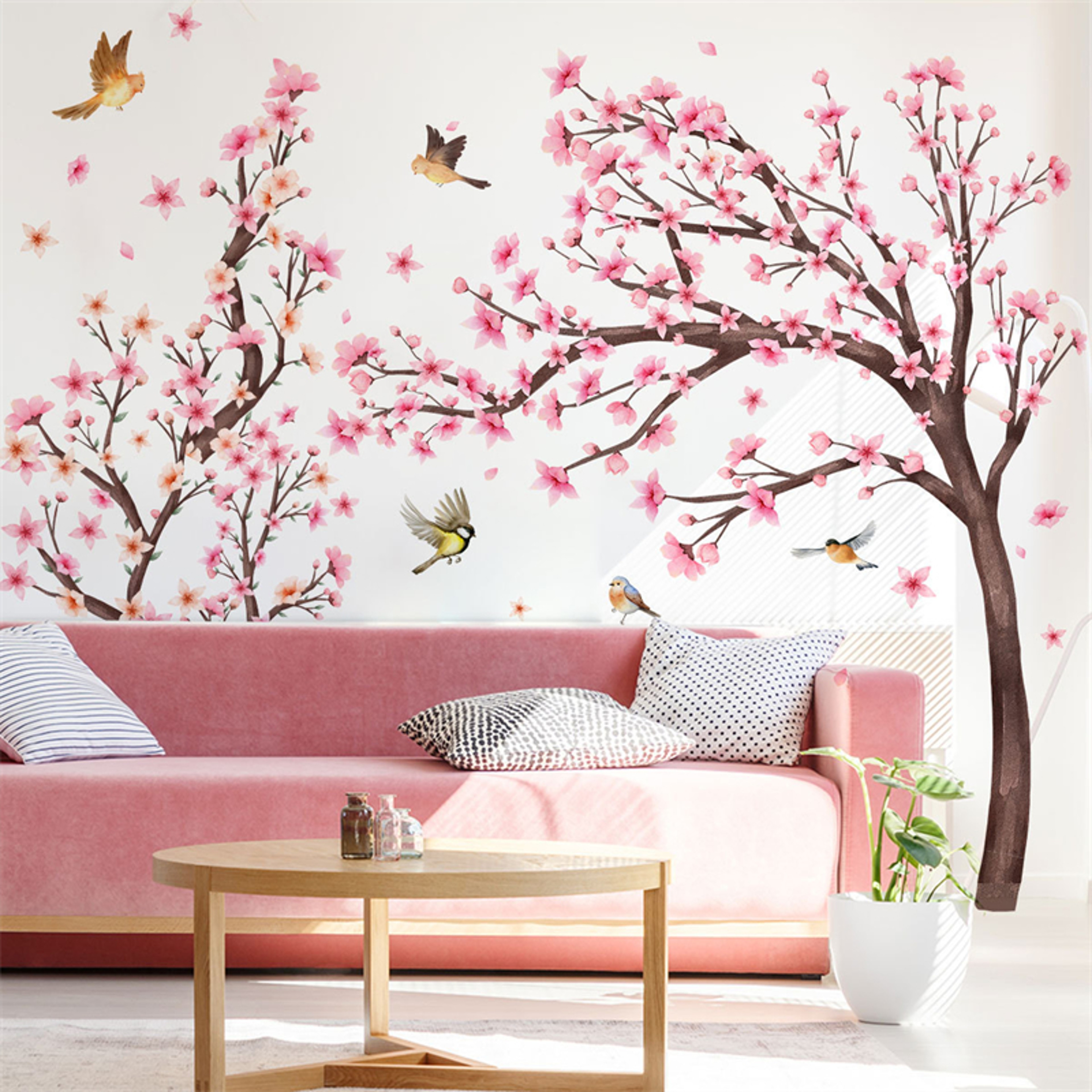 Extra Large Pink Cherry Blossom Tree Wall Stickers, Kids Room, Living Room Decoration with with Bird & Flower Decal – view 3