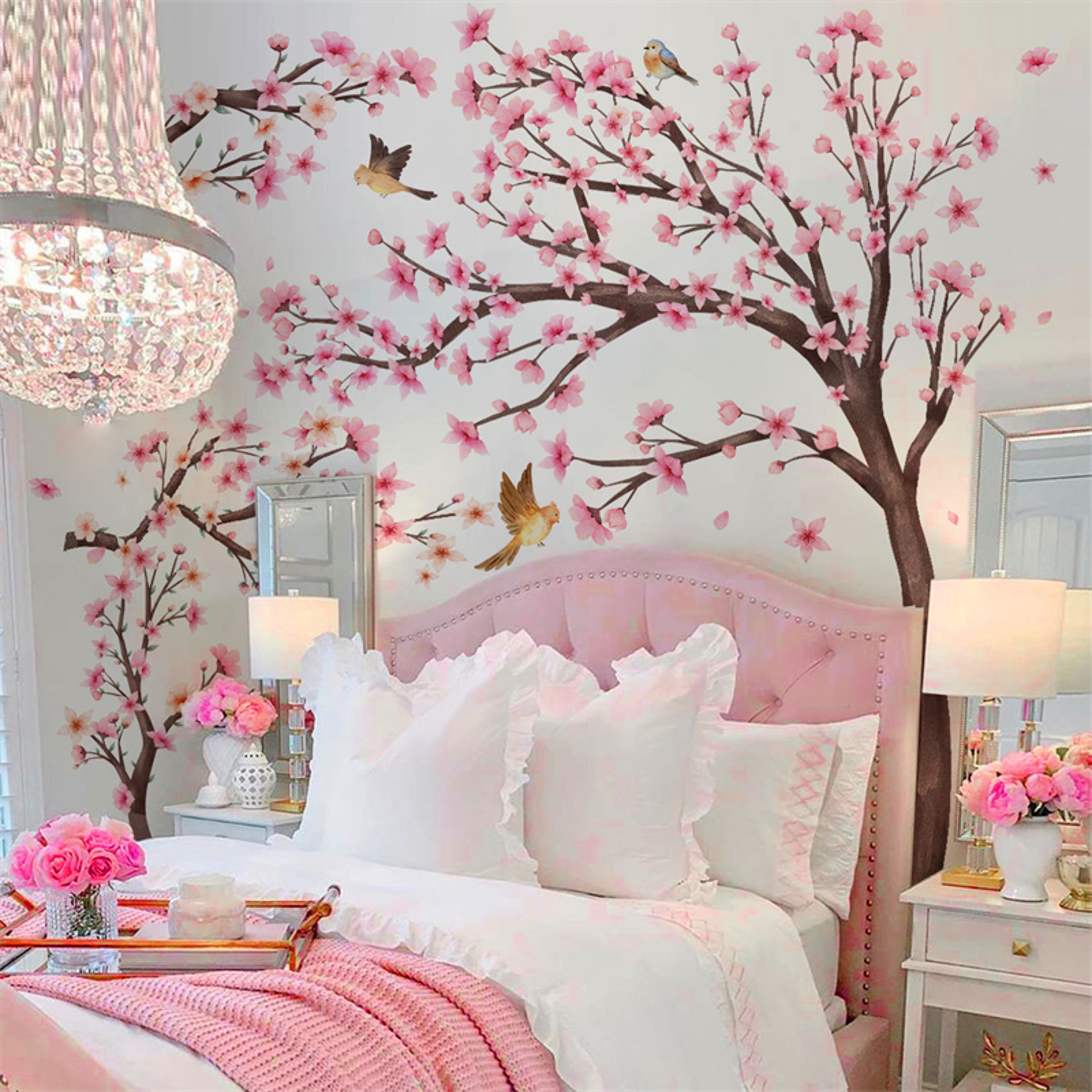 Extra Large Pink Cherry Blossom Tree Wall Stickers, Kids Room, Living Room Decoration with with Bird & Flower Decal – view 4