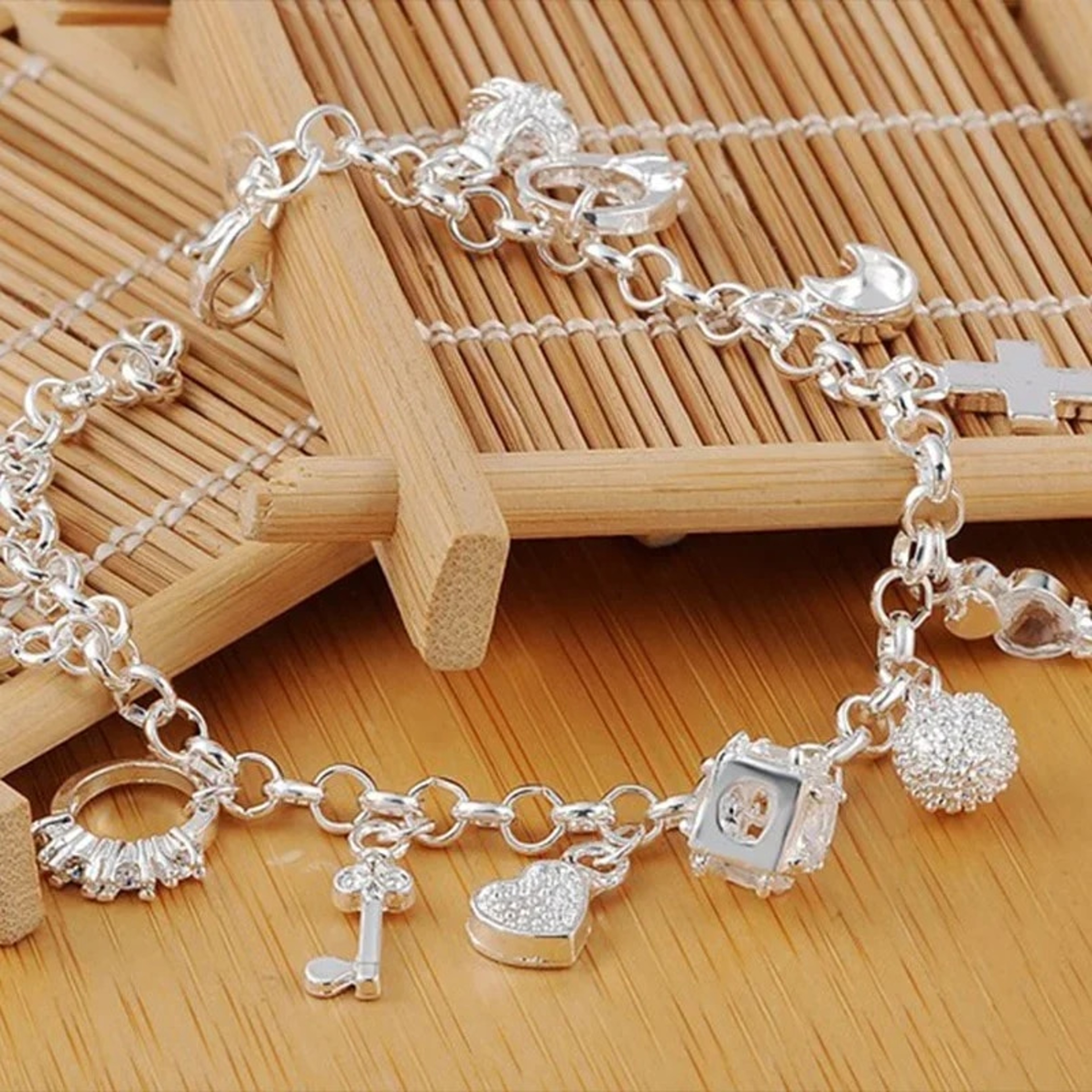 925 Sterling Silver Charm Bracelet for Women & Teens: 13-Piece Pendant Chain, Lady's Fine Jewelry Gift – view 2