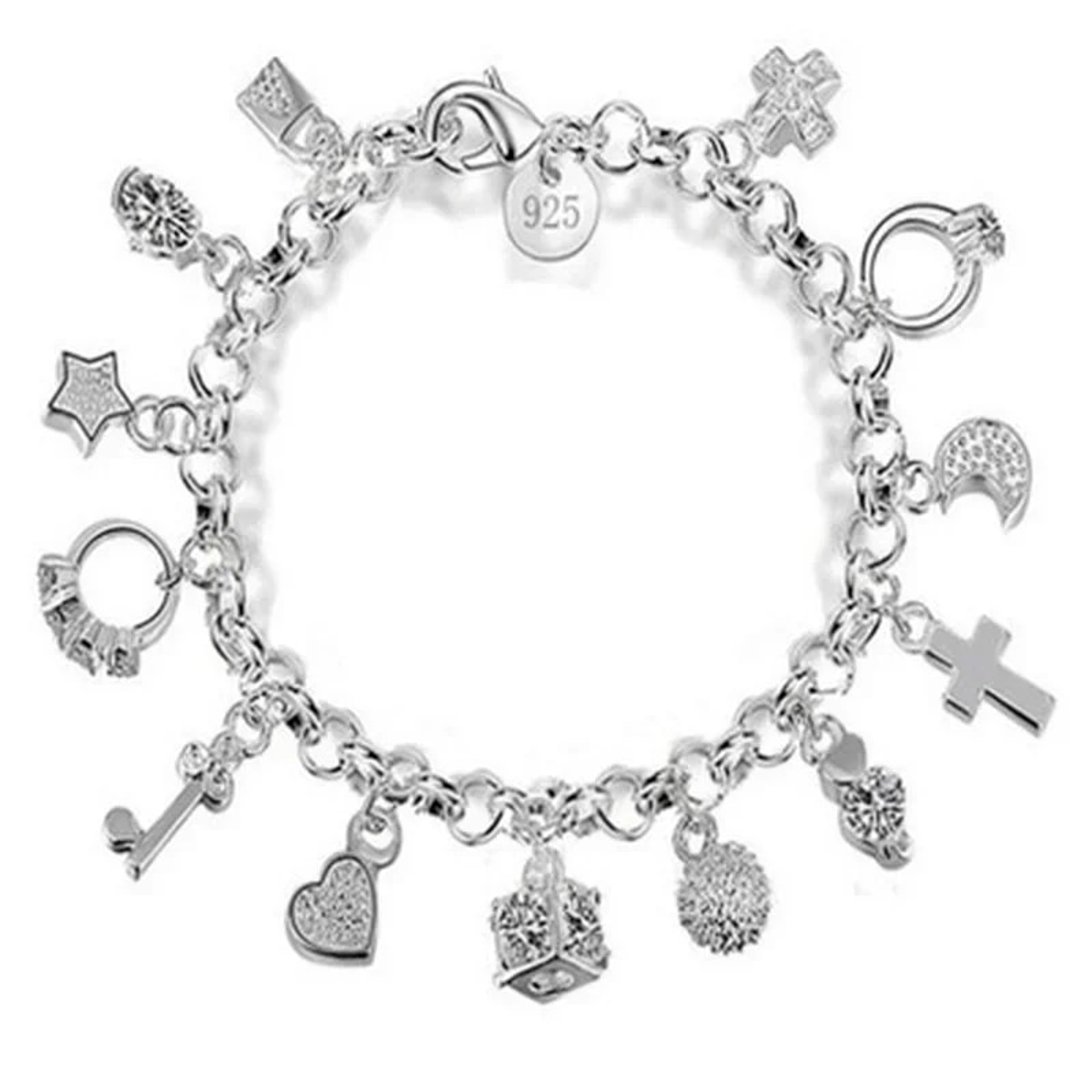 925 Sterling Silver Charm Bracelet for Women & Teens: 13-Piece Pendant Chain, Lady's Fine Jewelry Gift – view 3