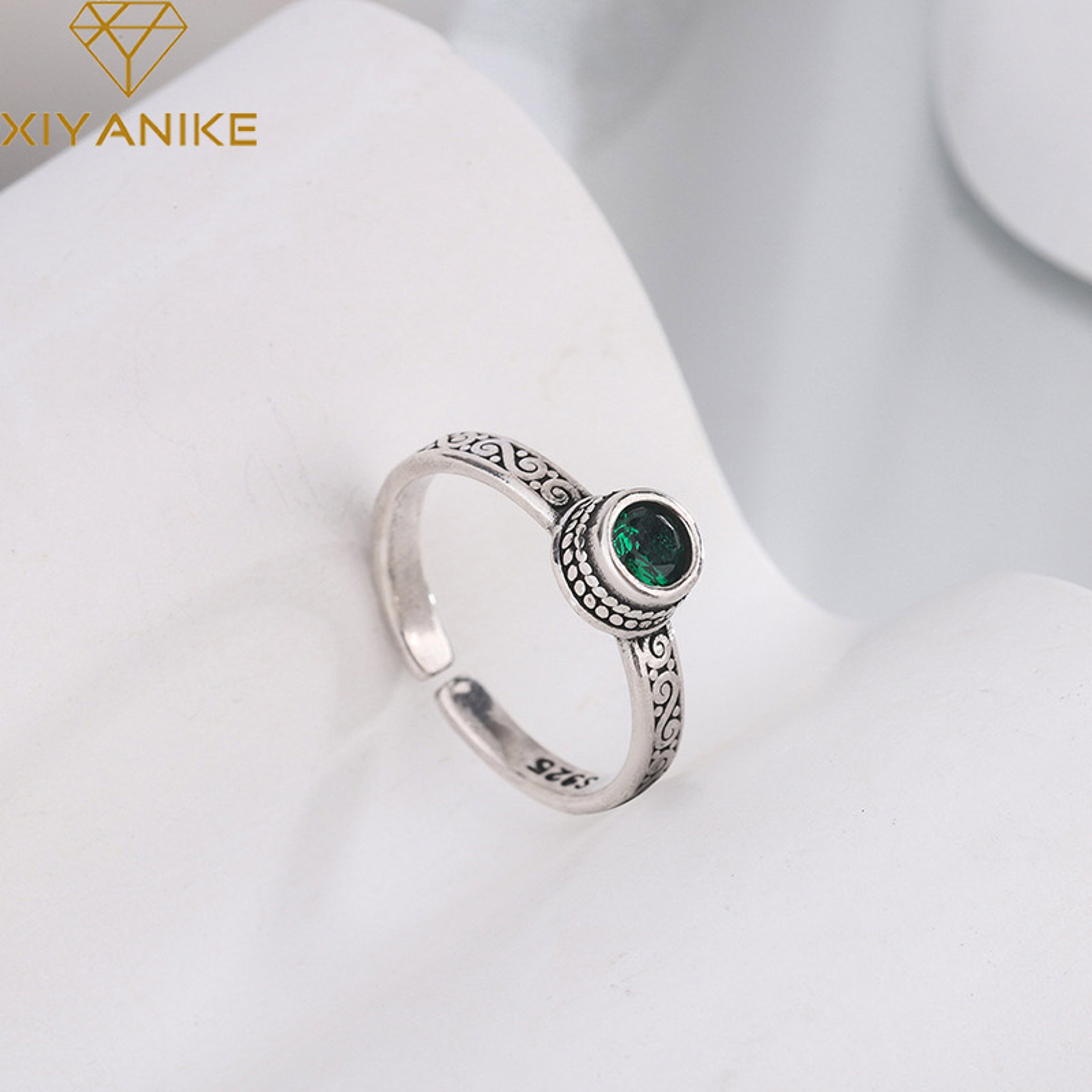 Vintage Thai Silver Green Zircon Open Cuff Rings for Women - New Fashion Jewelry Gift for Party – view 1