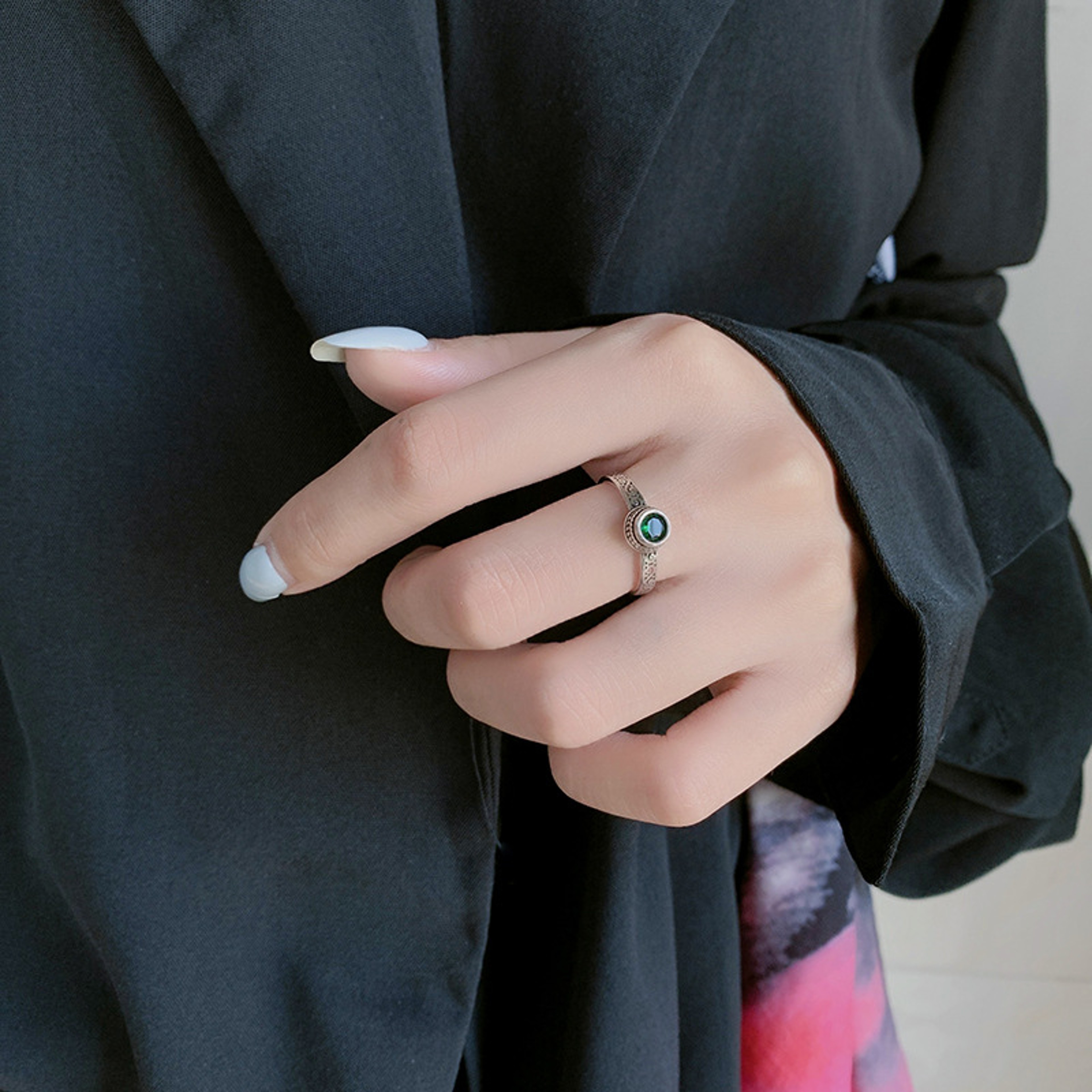 Vintage Thai Silver Green Zircon Open Cuff Rings for Women - New Fashion Jewelry Gift for Party – view 2