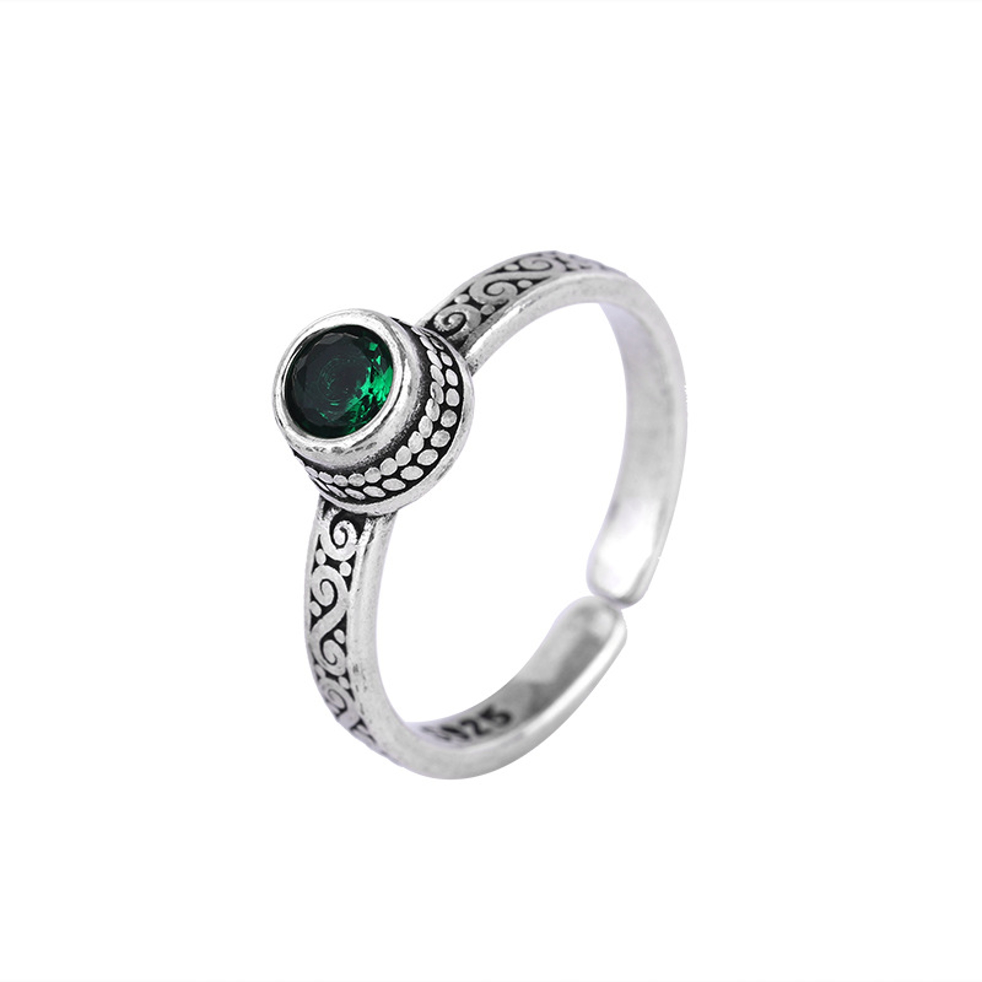 Vintage Thai Silver Green Zircon Open Cuff Rings for Women - New Fashion Jewelry Gift for Party – view 6