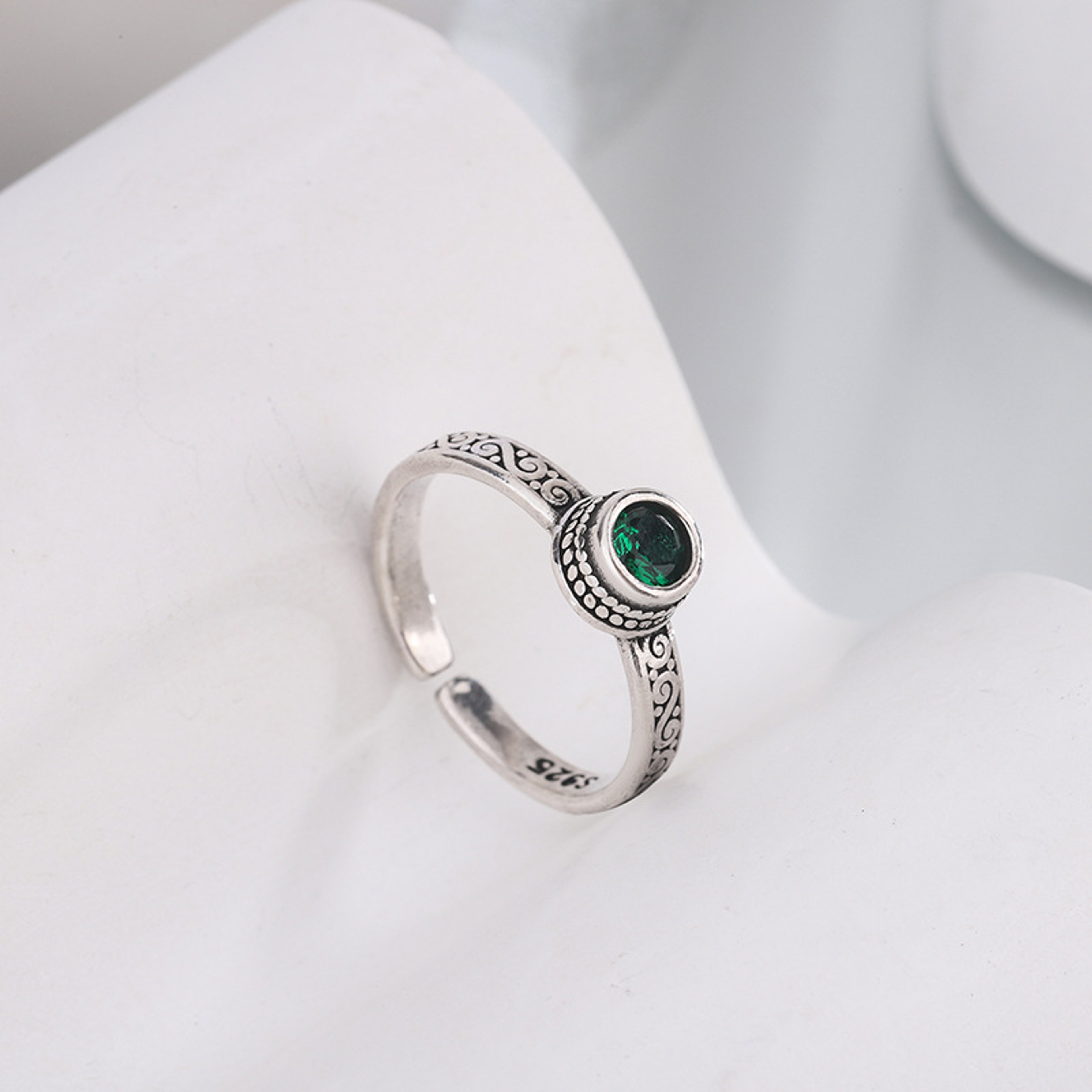 Vintage Thai Silver Green Zircon Open Cuff Rings for Women - New Fashion Jewelry Gift for Party – view 7
