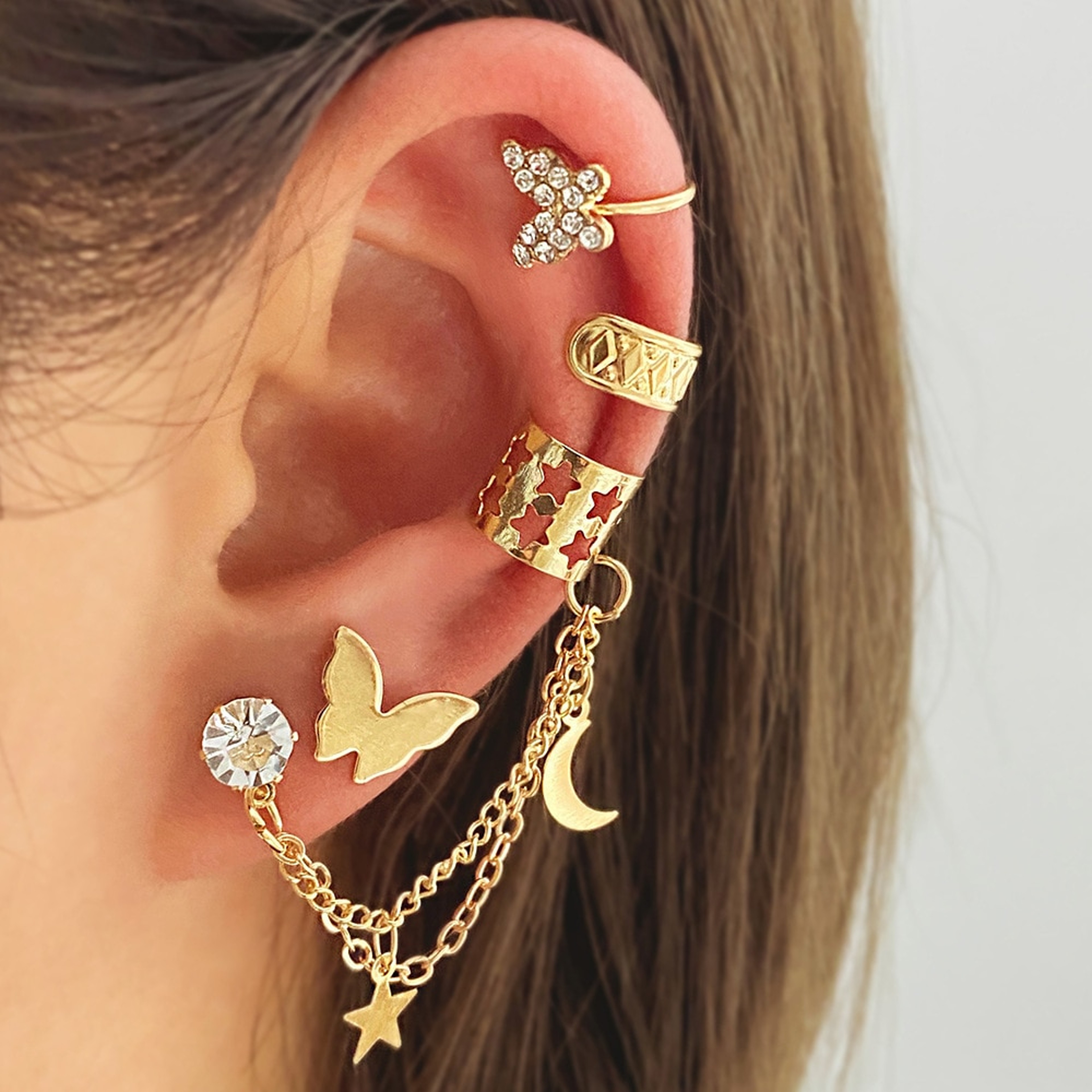 Creative Gold & Silver Leaf C Butterfly Ear Cuff Set for Women - Trendy Non-Piercing Clip Earrings – view 7