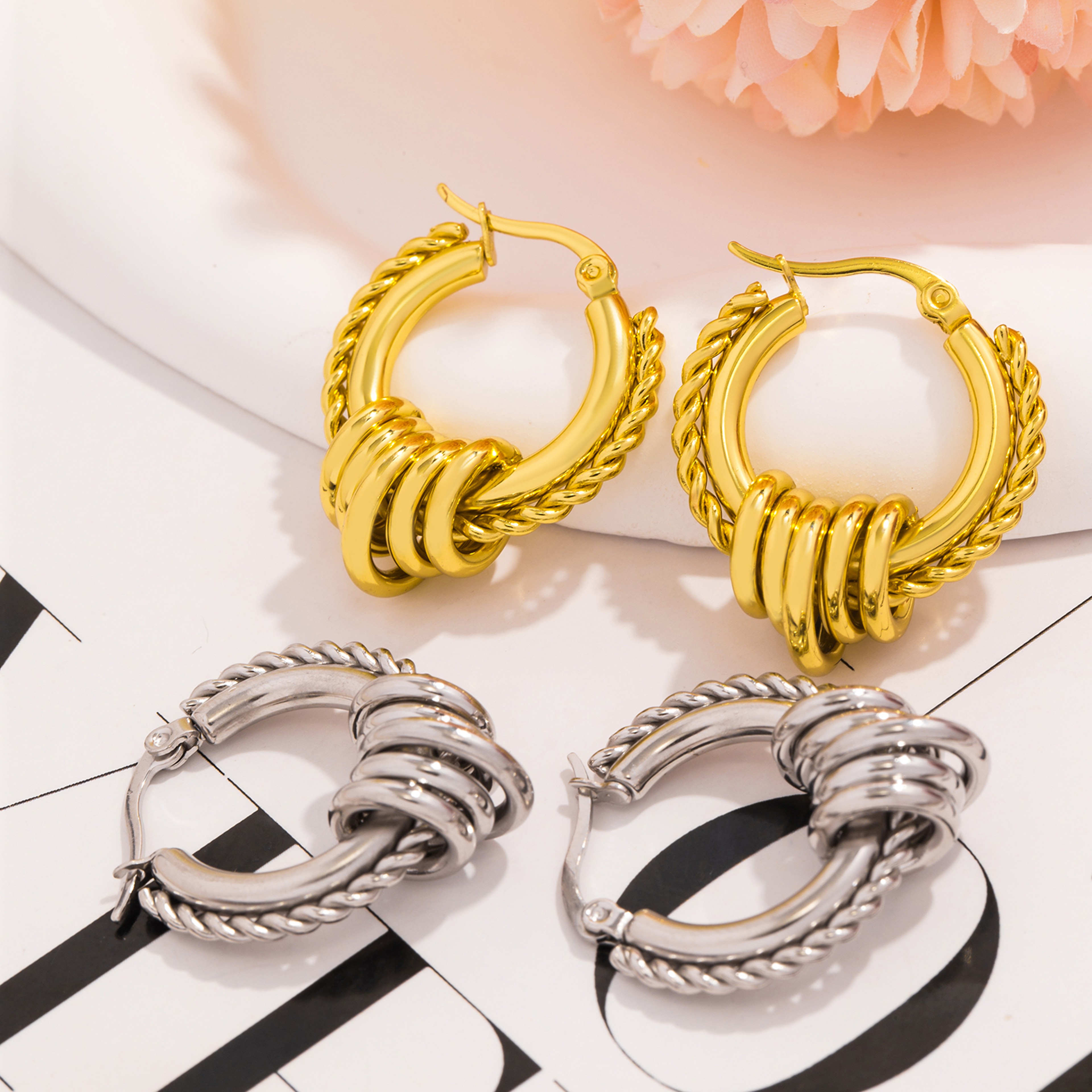 Multilayer Circle Twist Earrings For Women Trendy Gold Plated Stainless Steel Statement Jewelry Bij 0