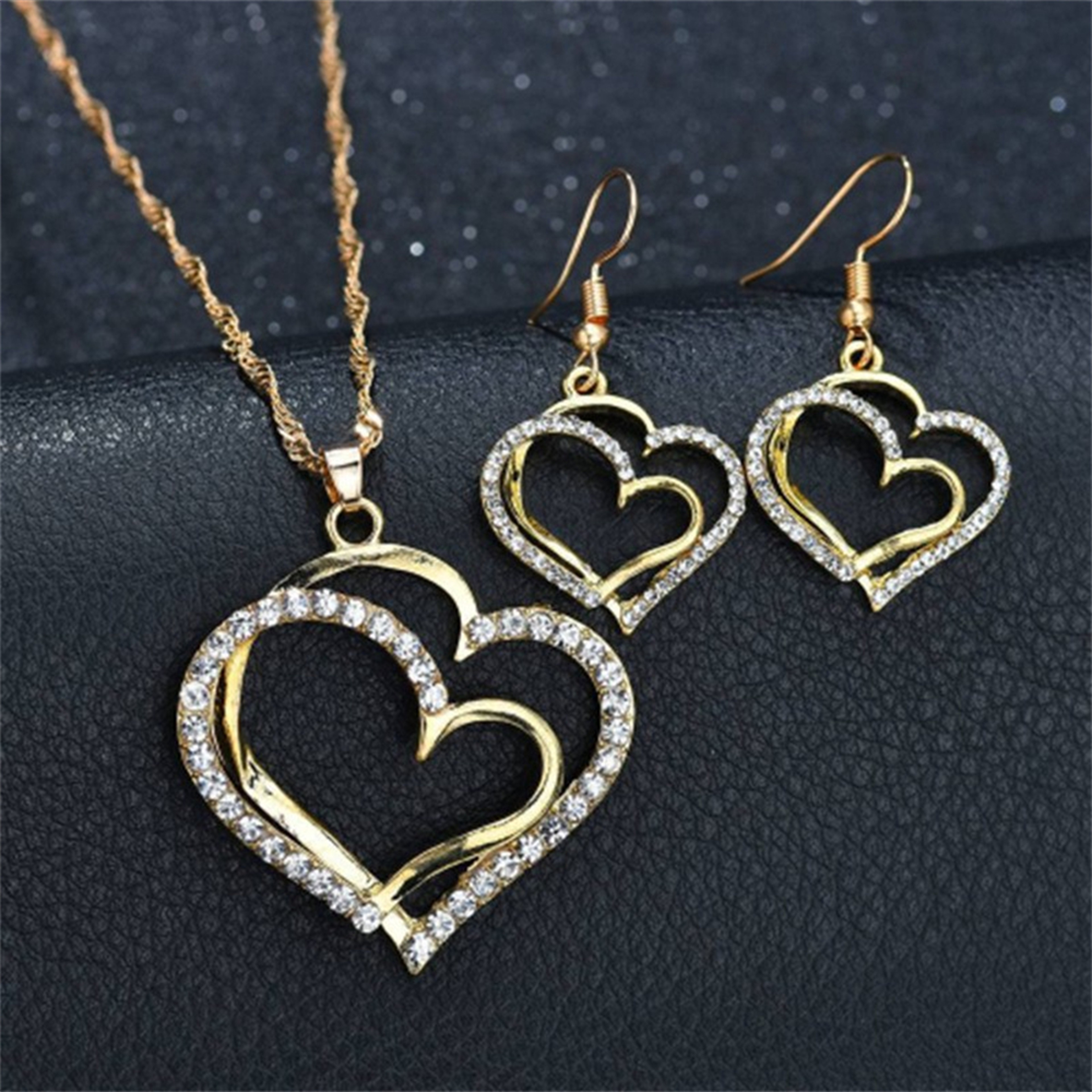 Double Heart Jewelry Set: Exquisite Necklace, Earrings & Bracelet - Romantic Bridal Fashion & Gifts for Her – view 5