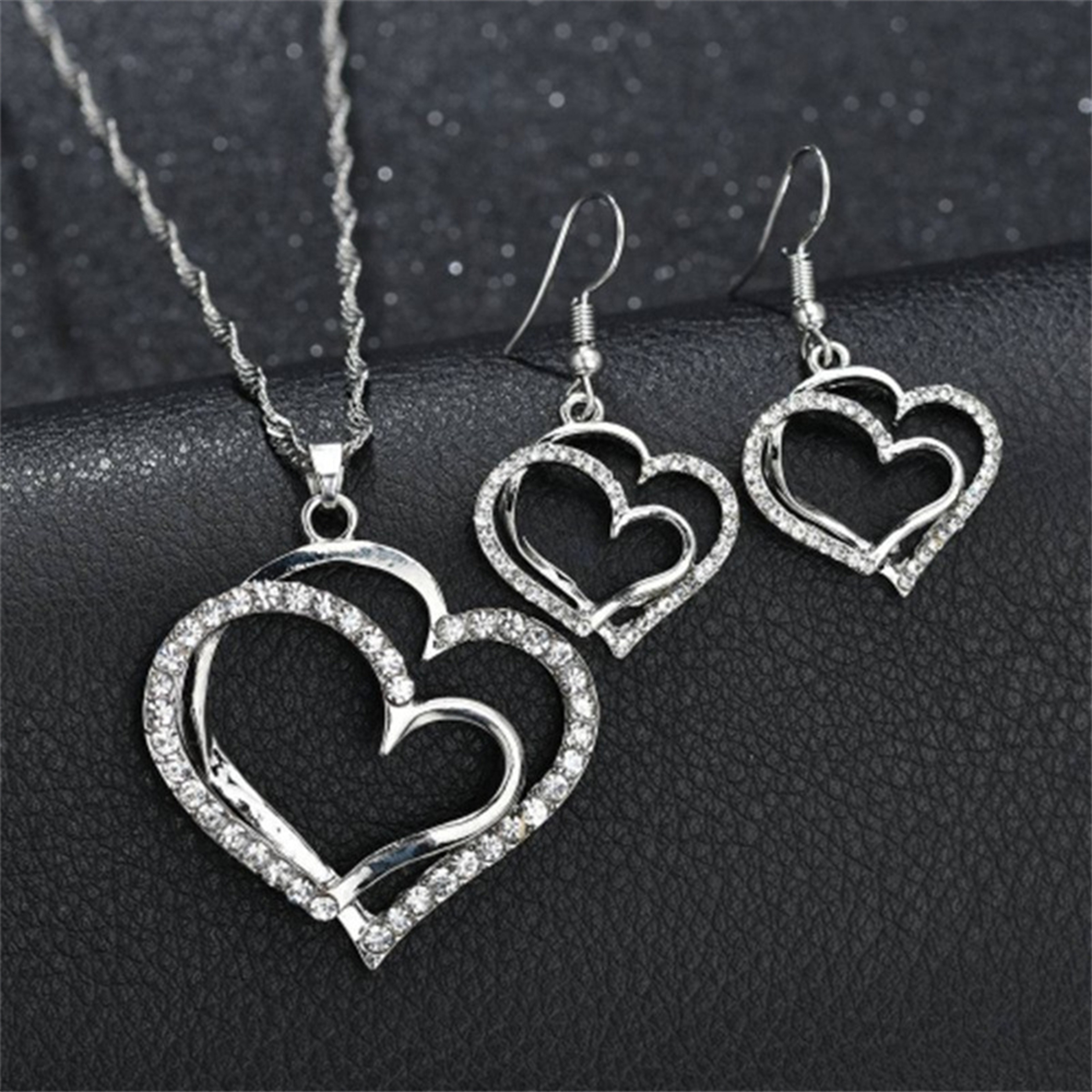 Double Heart Jewelry Set: Exquisite Necklace, Earrings & Bracelet - Romantic Bridal Fashion & Gifts for Her – view 6