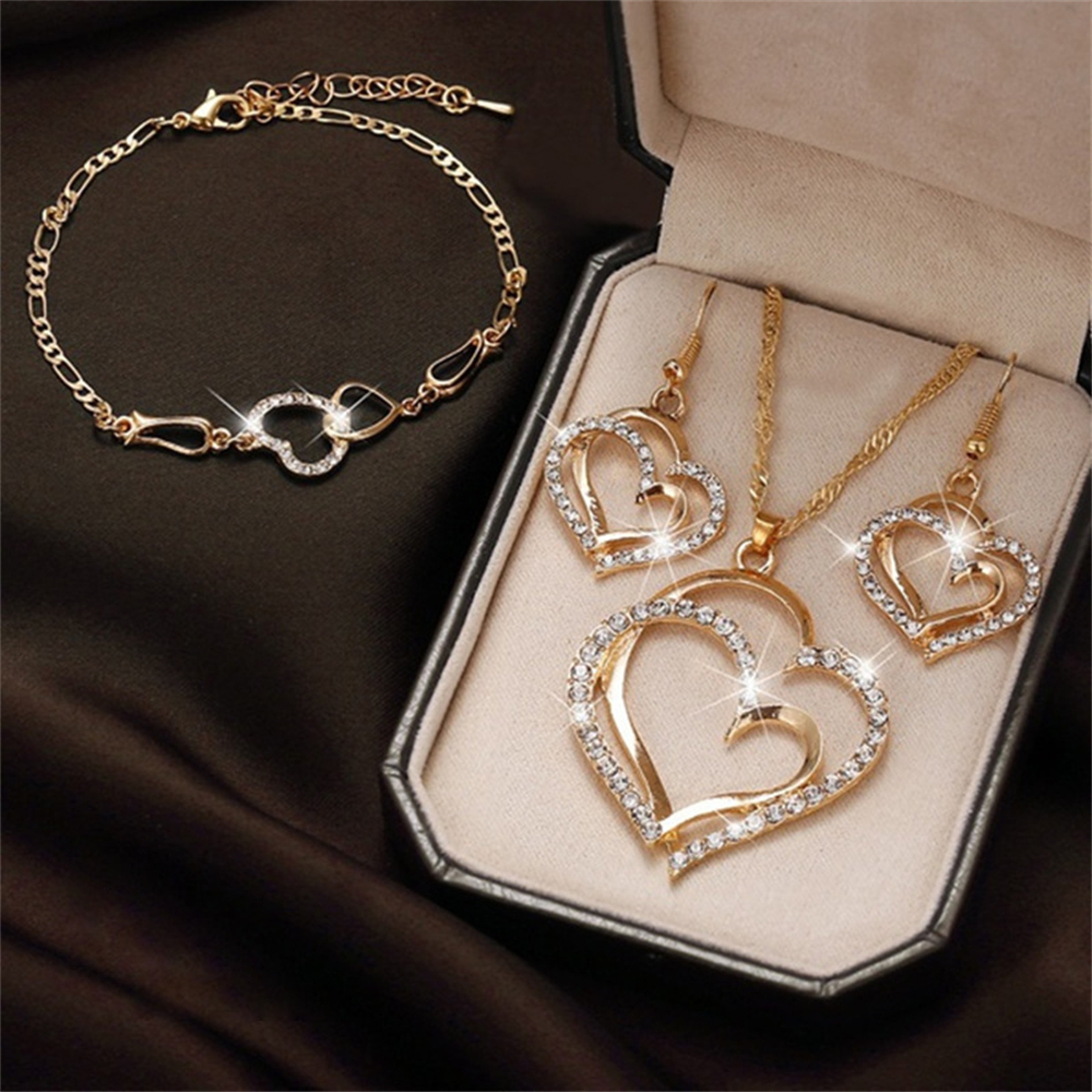 Double Heart Jewelry Set: Exquisite Necklace, Earrings & Bracelet - Romantic Bridal Fashion & Gifts for Her – view 7
