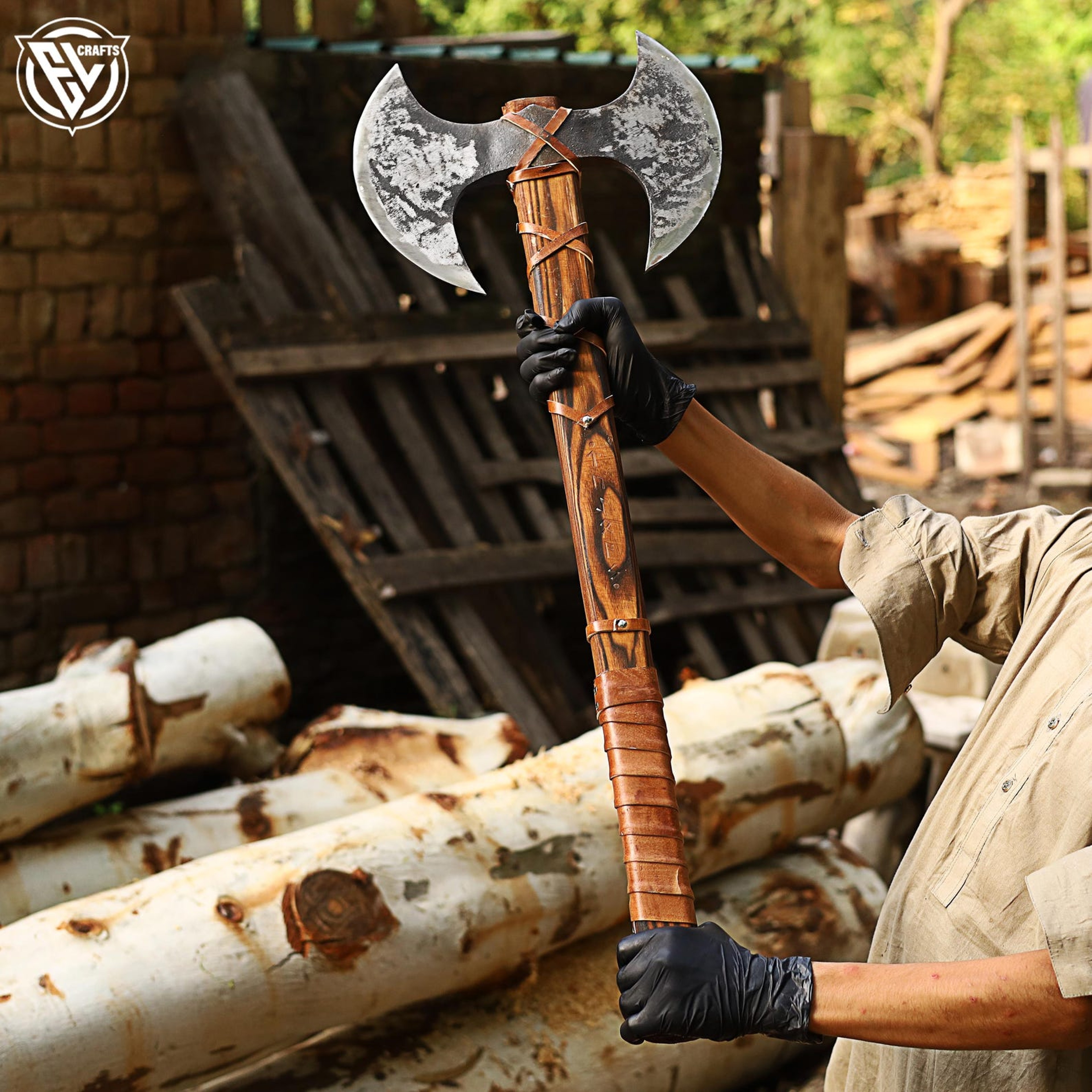 HandForged Carbon Steel Double Headed Axe Engraved Wood Leather Sheath For Display And Utility 8