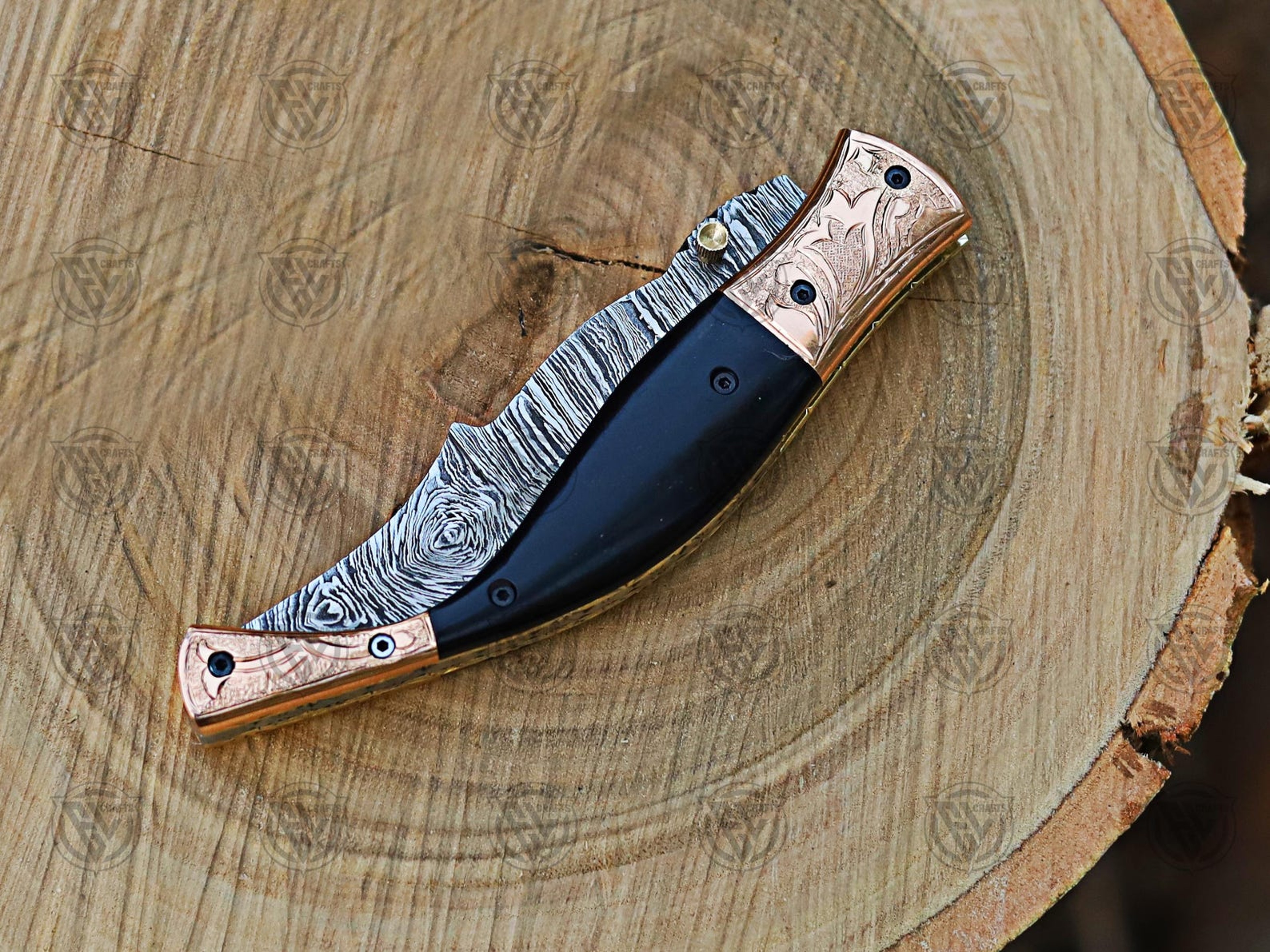 ArtisanCrafted Damascus Steel Folding Pocket Knife With Copper And Black Horn Handle Perfect F 2