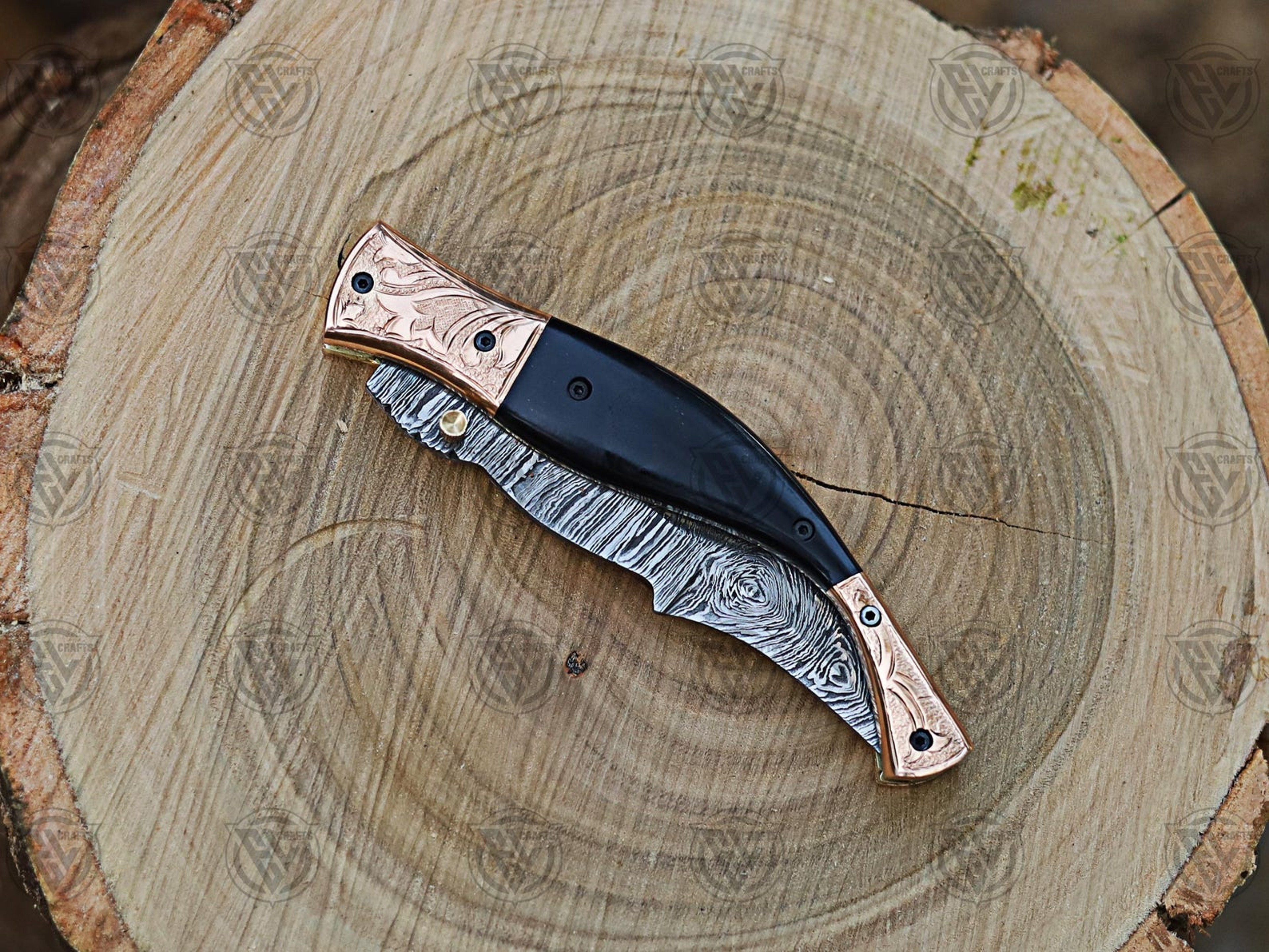 ArtisanCrafted Damascus Steel Folding Pocket Knife With Copper And Black Horn Handle Perfect F 3