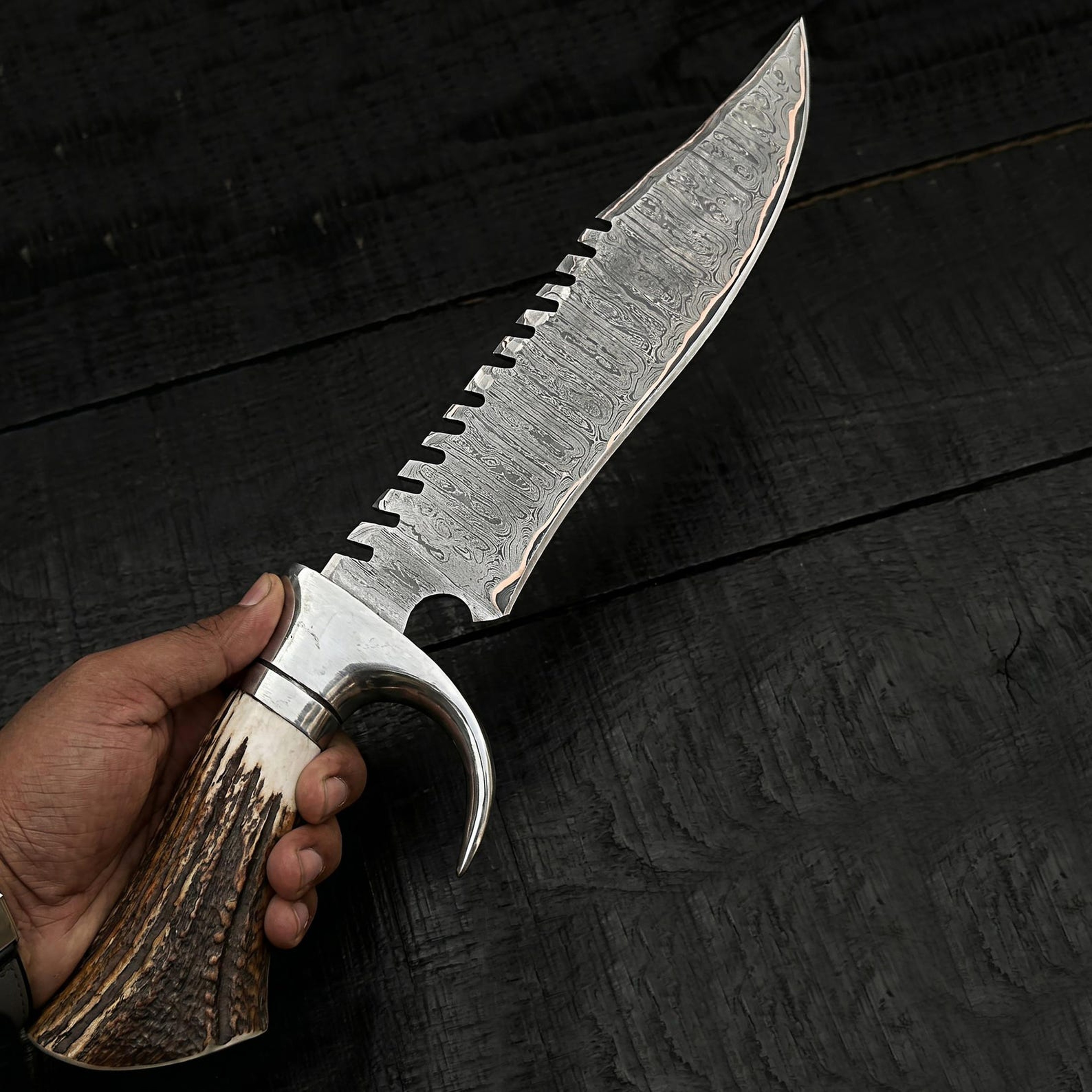 HighQuality Copper Damascus Hunter Knife With Stag Handle And Handmade Leather Sheath For Outd 6