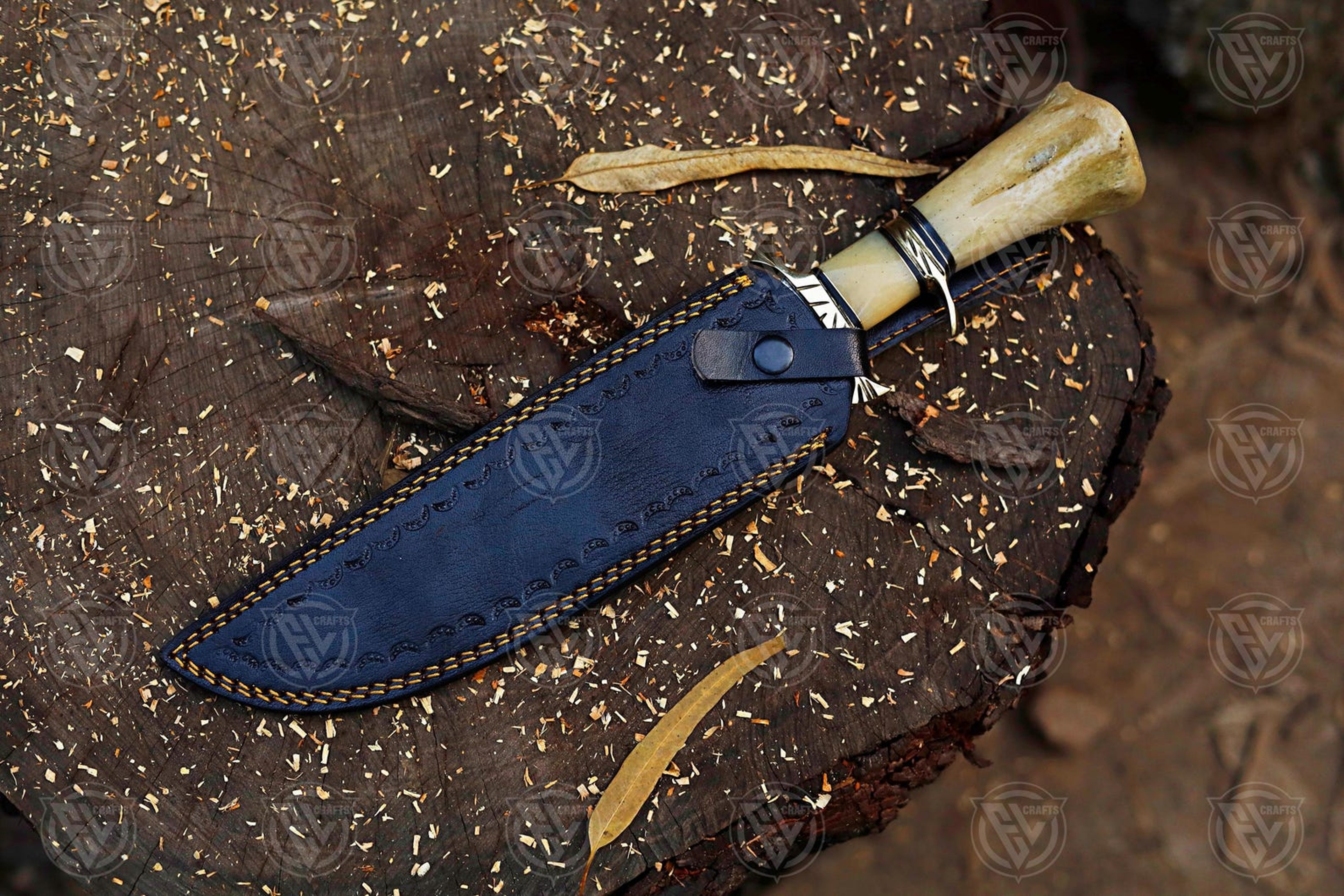 Exquisite Handcrafted Damascus Steel Bowie Knife With Unique Camel Bone Handle And Leather Shea 6