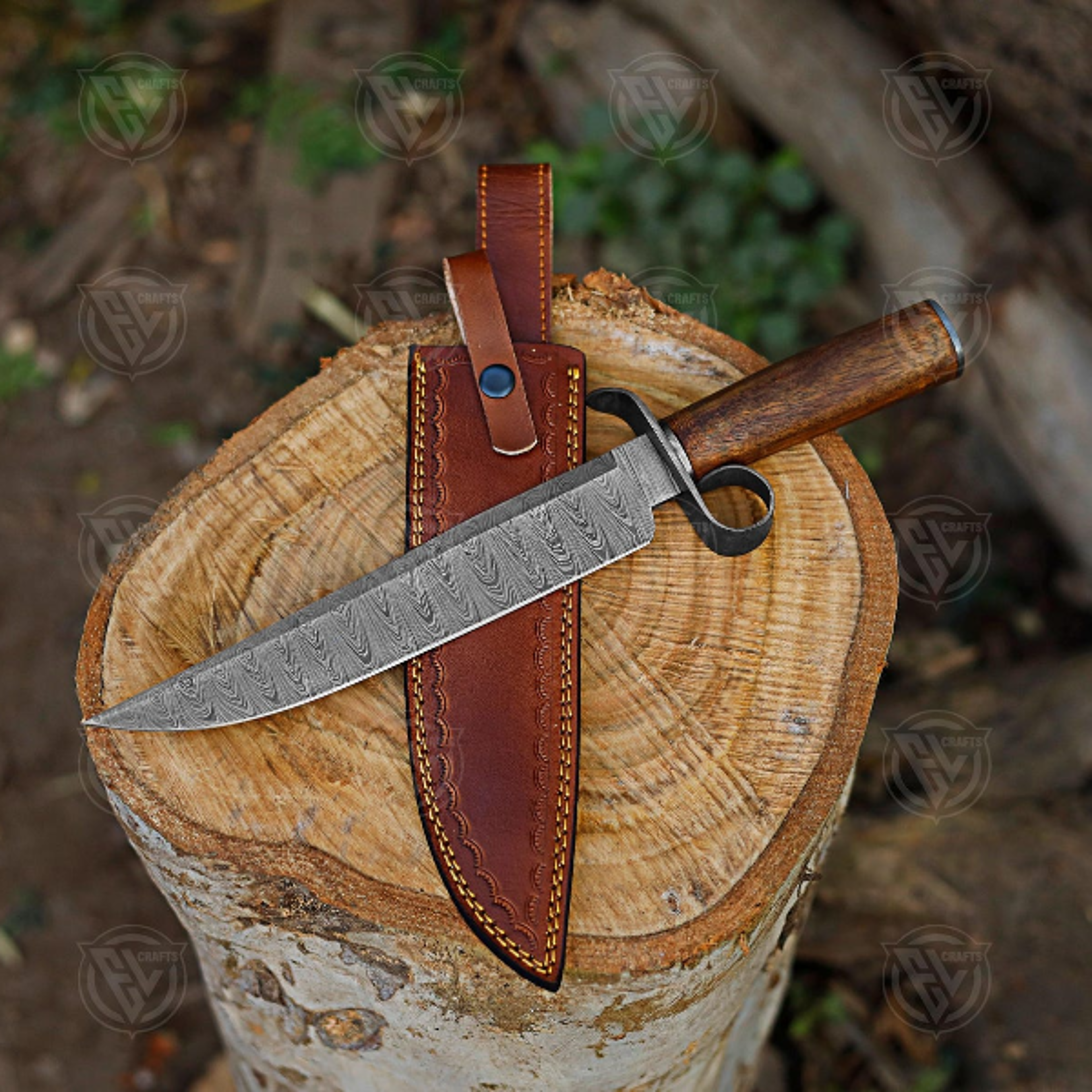 Exquisite Handcrafted Damascus Steel Collectible Knife With Pakka Wood Handle And Leather Sheat 0