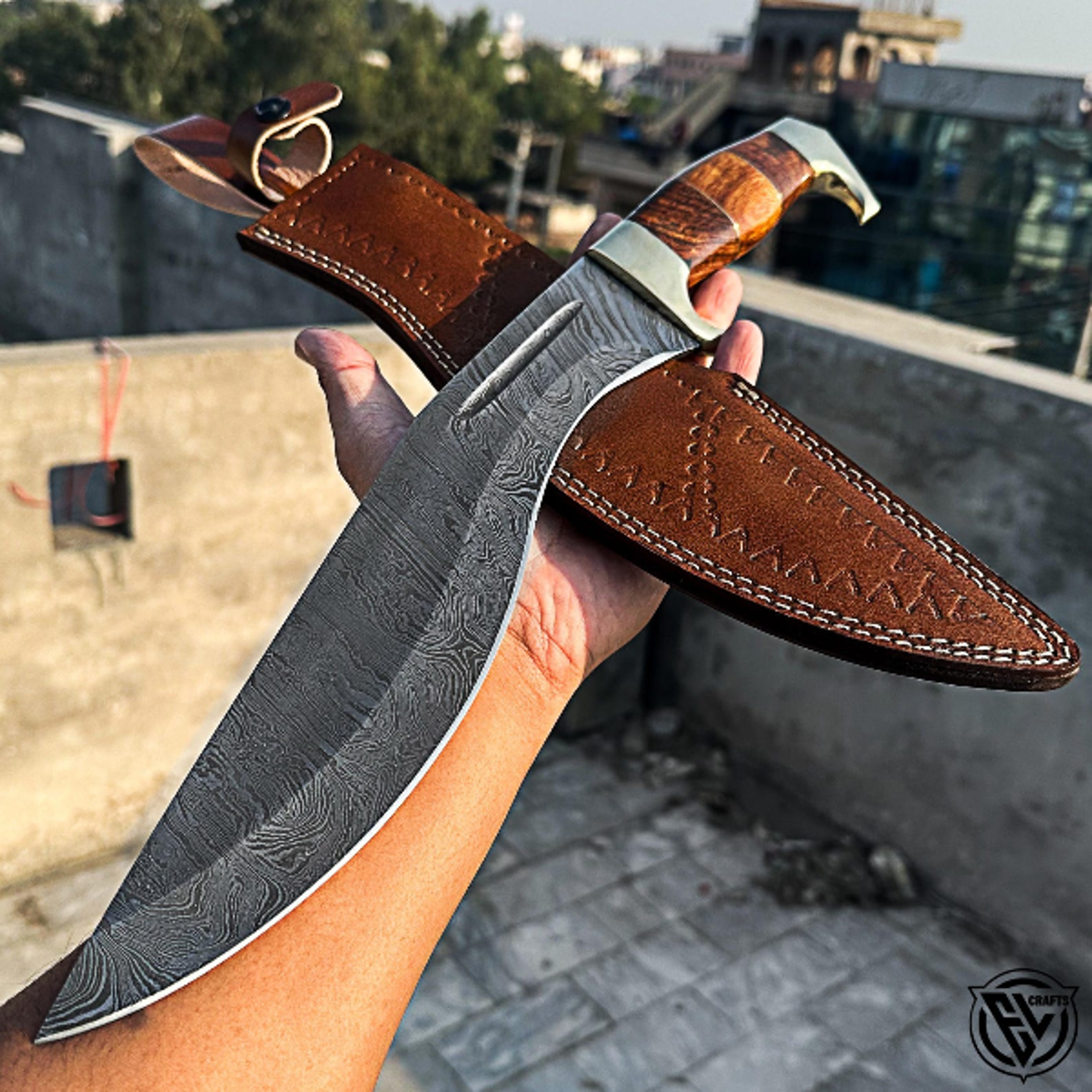 Handmade Premium Damascus Steel Kukri Knife With Rosewood  Brass Handle And Leather Sheath  I 3