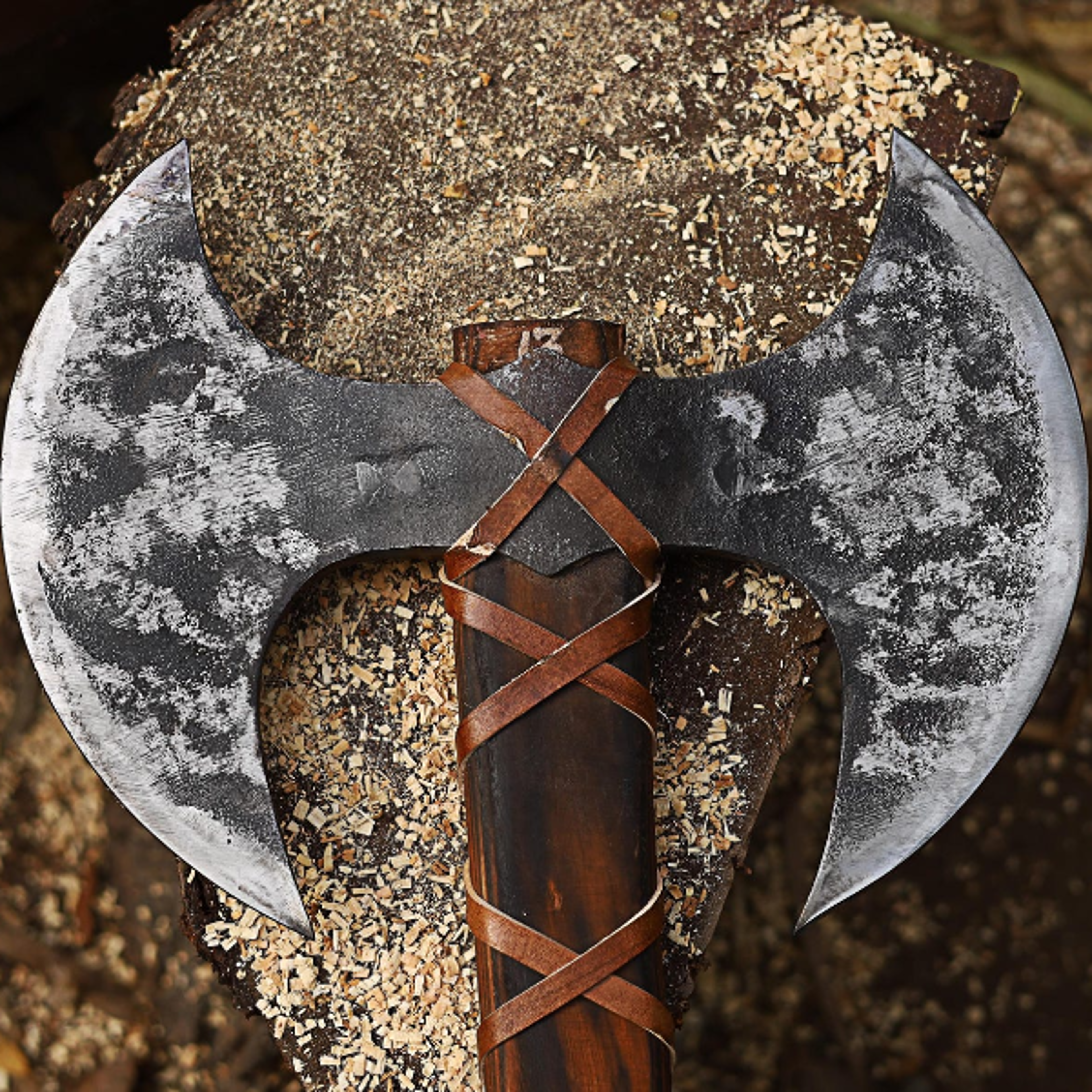 HandForged Carbon Steel Double Headed Axe Engraved Wood Leather Sheath For Display And Utility 0