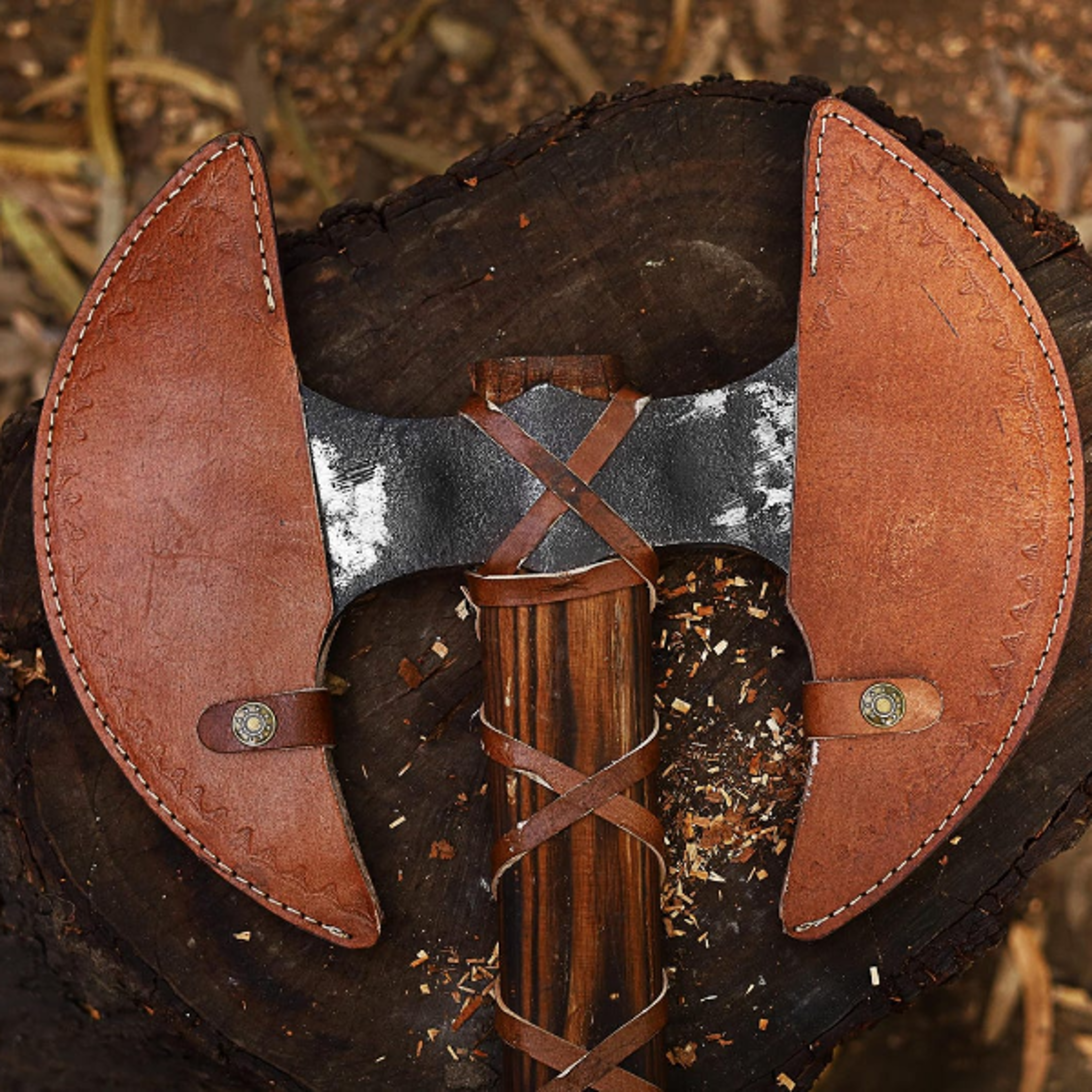 HandForged Carbon Steel Double Headed Axe Engraved Wood Leather Sheath For Display And Utility 9