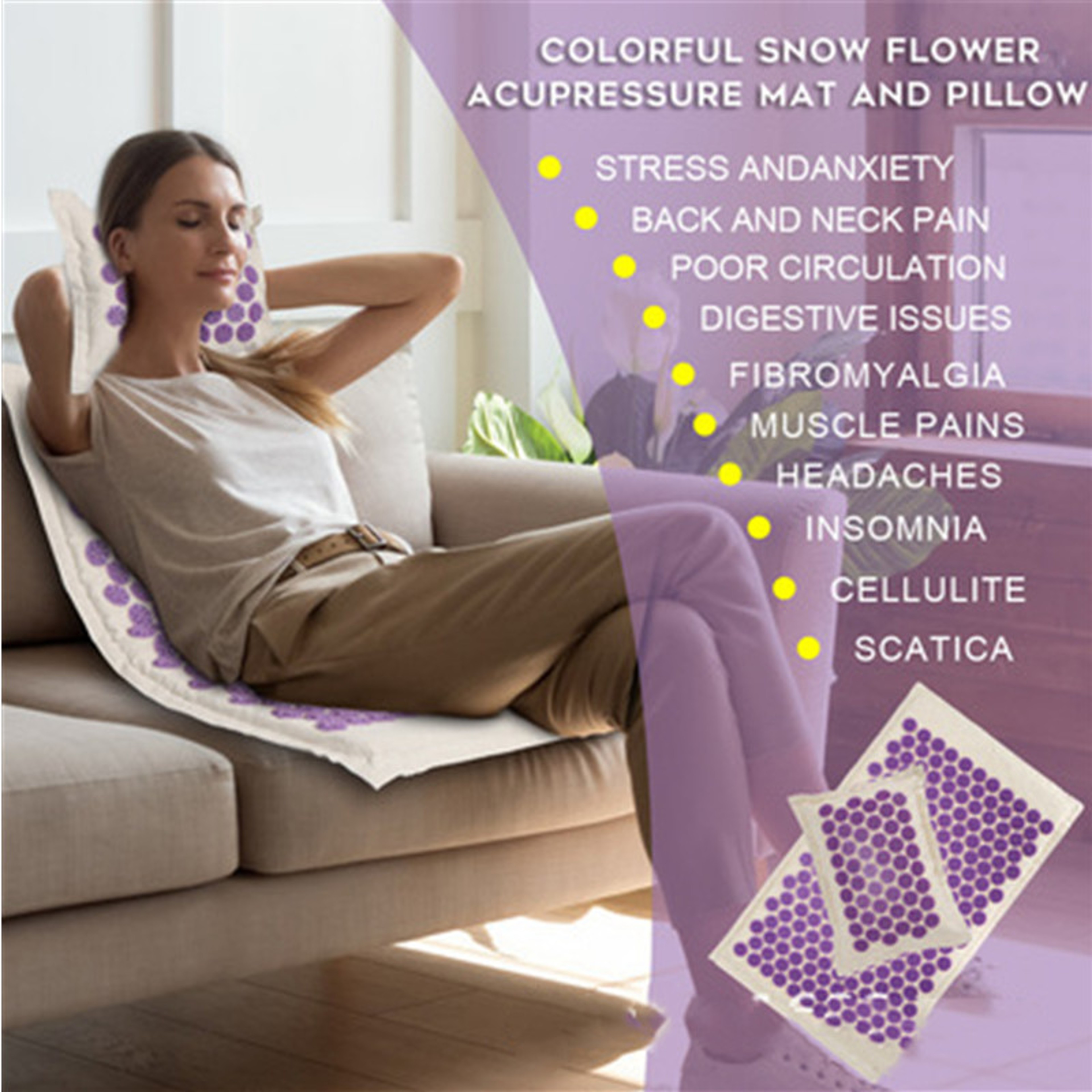 Lotus Spike Acupressure Mat Cushion, Nature Linen Coconut Palm Massage Yoga Mat Sport Pillow with Carry Bag for Stress – view 6