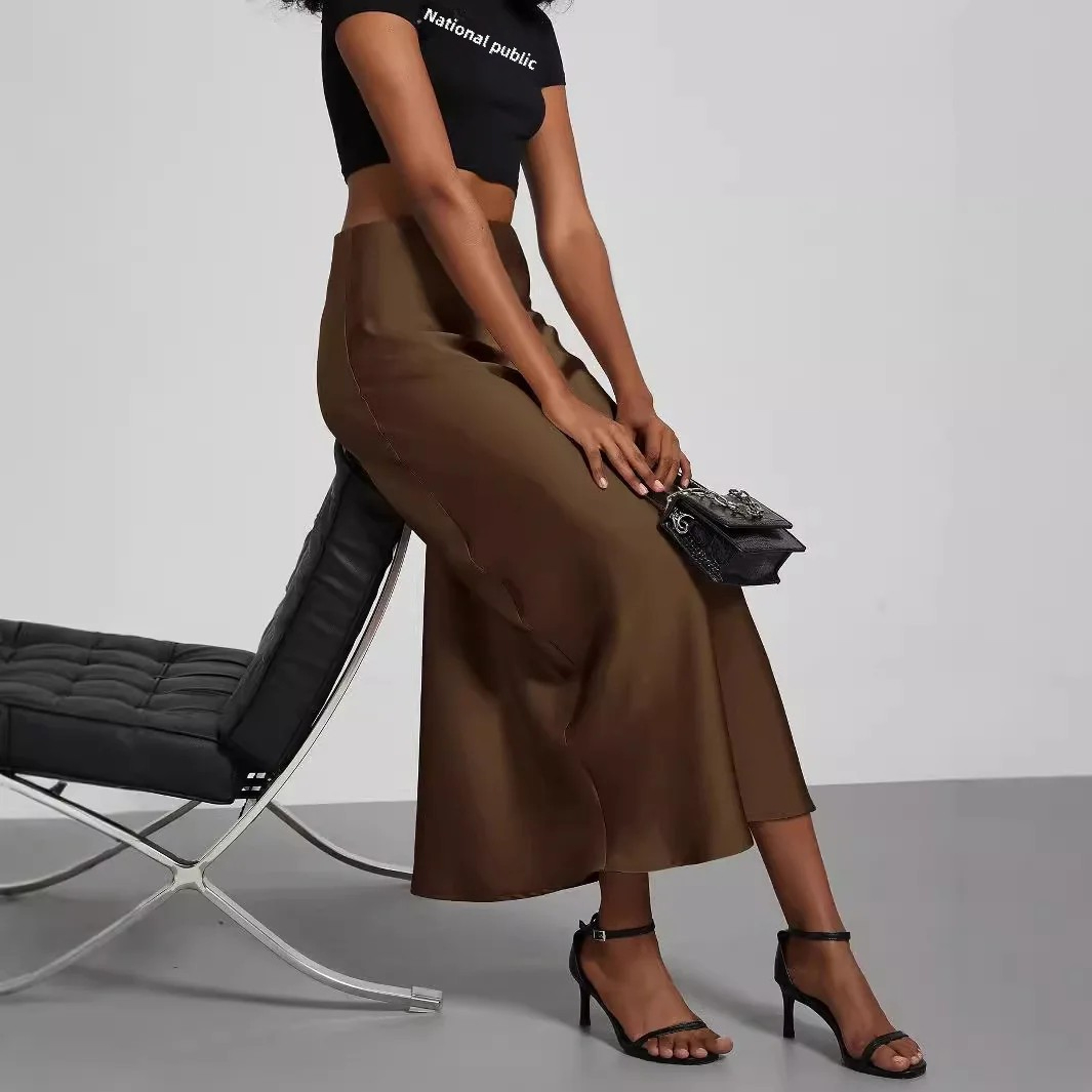 Elegant Satin Midi Skirt, Versatile Solid Color Long Dress, European Style with Bright Light Sensation – view 3