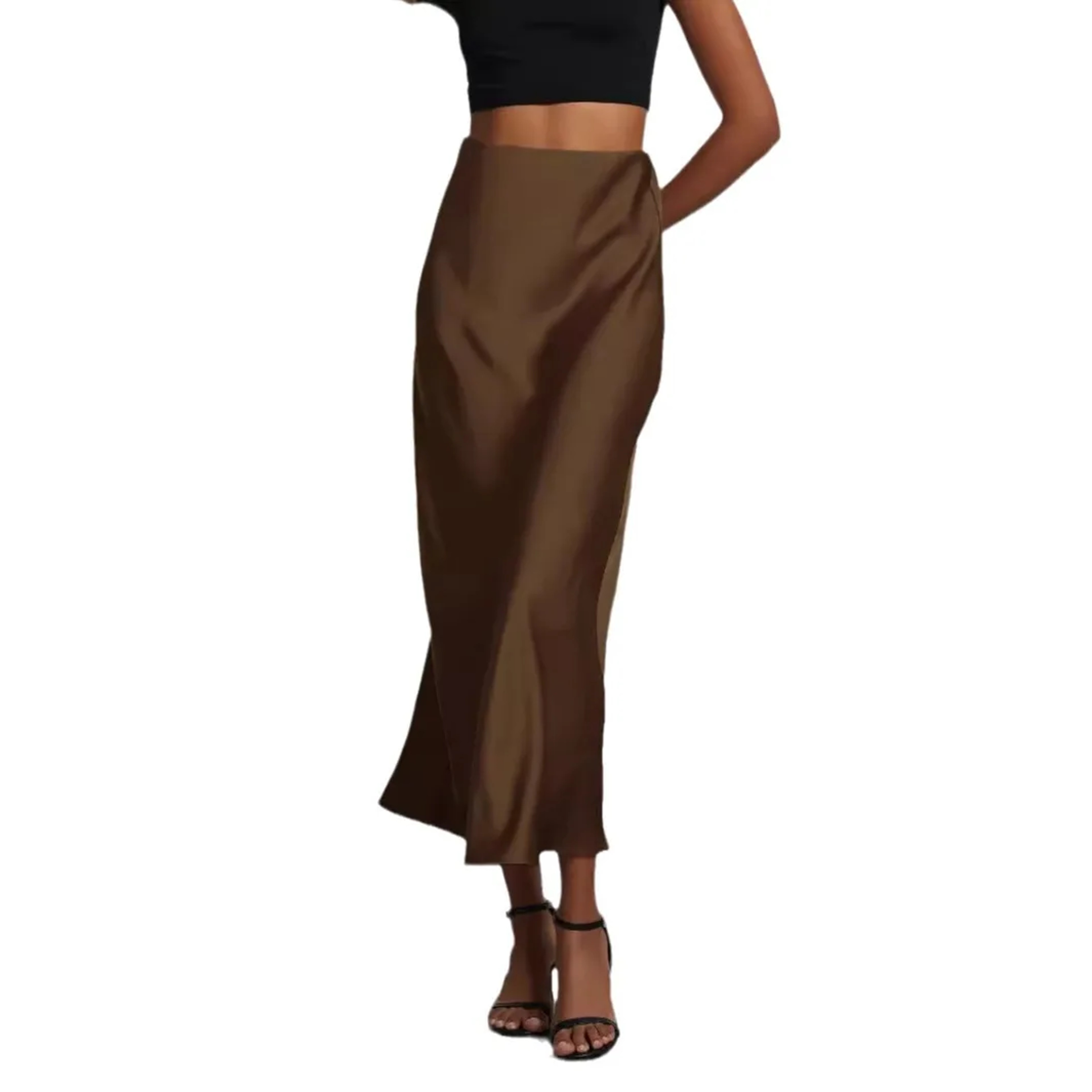 Elegant Satin Midi Skirt, Versatile Solid Color Long Dress, European Style with Bright Light Sensation – view 5