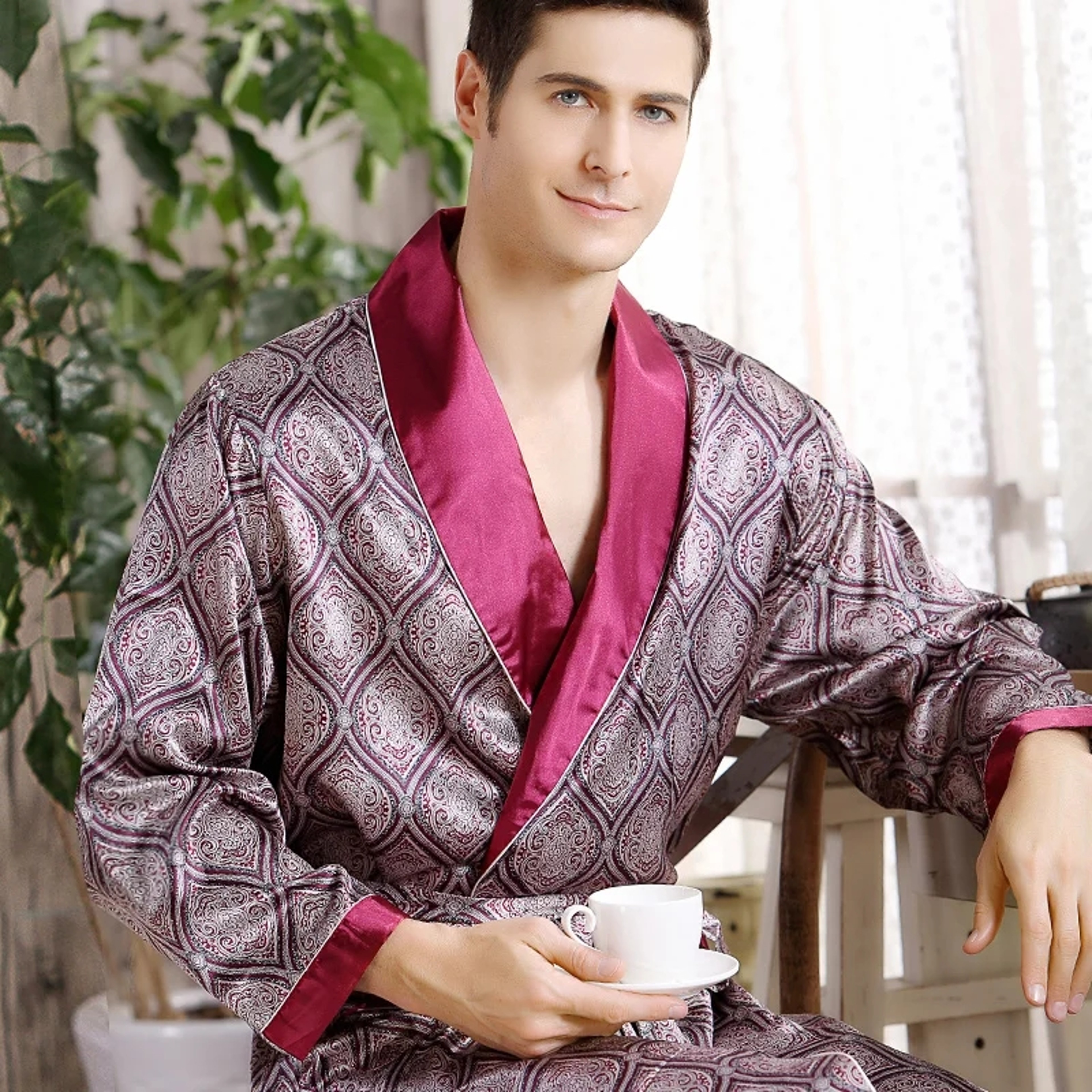 Men's Satin Kimono Robe, Luxury Print Gold Bathrobe, Plus Size Silk Dressing Gown, Geometric Lounge Sleepwear – view 2