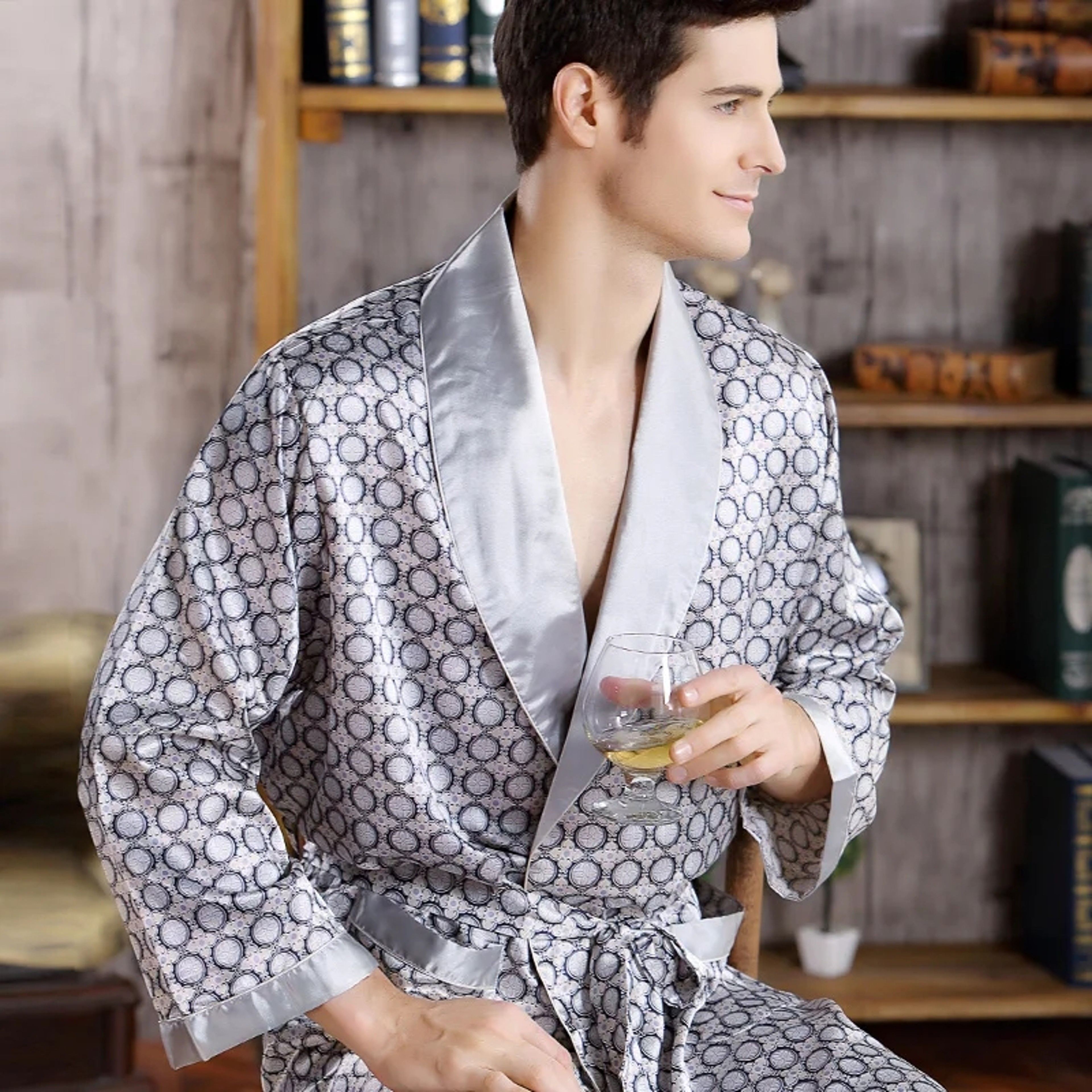 Men's Satin Kimono Robe, Luxury Print Gold Bathrobe, Plus Size Silk Dressing Gown, Geometric Lounge Sleepwear – view 9