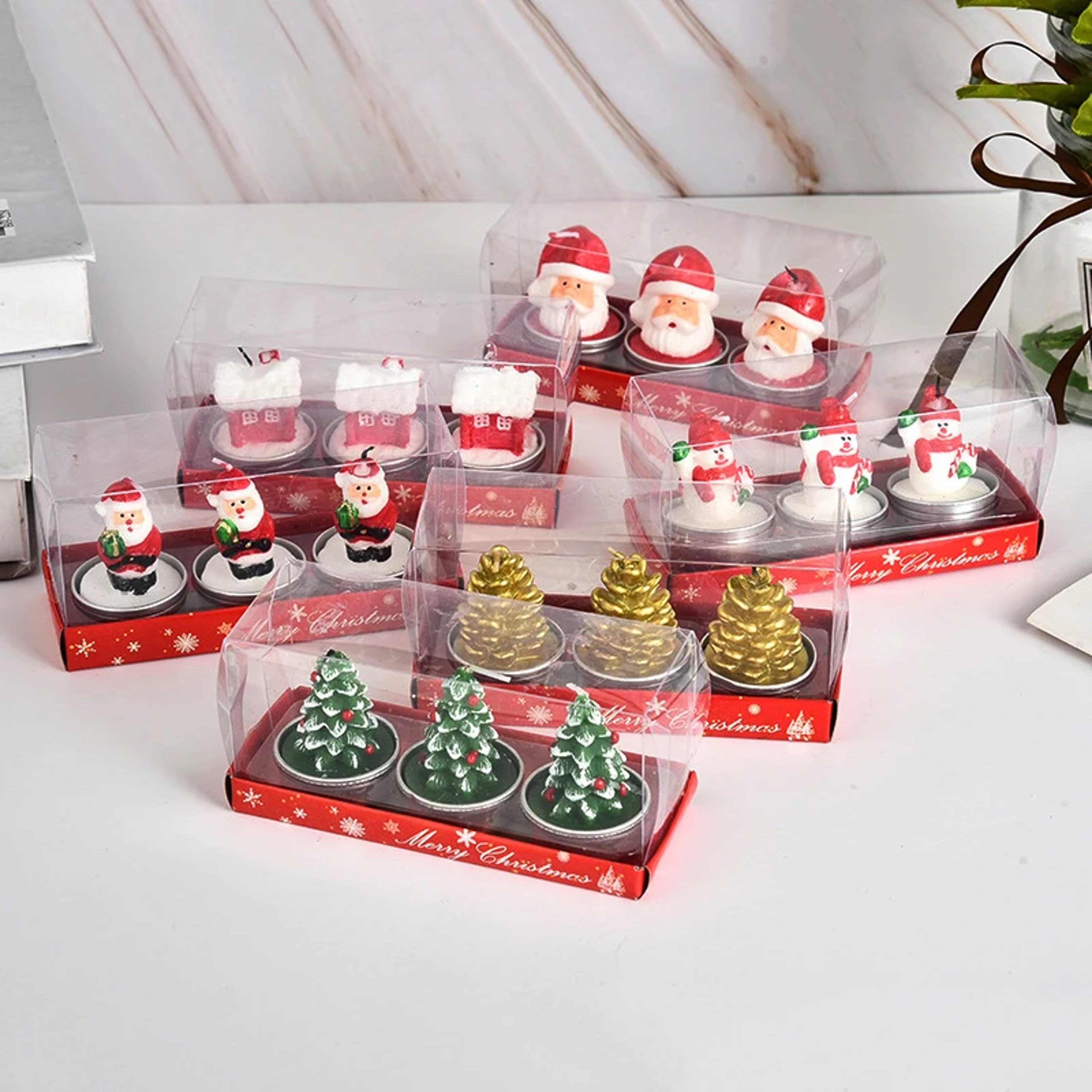 Christmas Candles Set Table Decorations With Santa Claus Snowman Xmas Tree And Pine Cones For Party 2