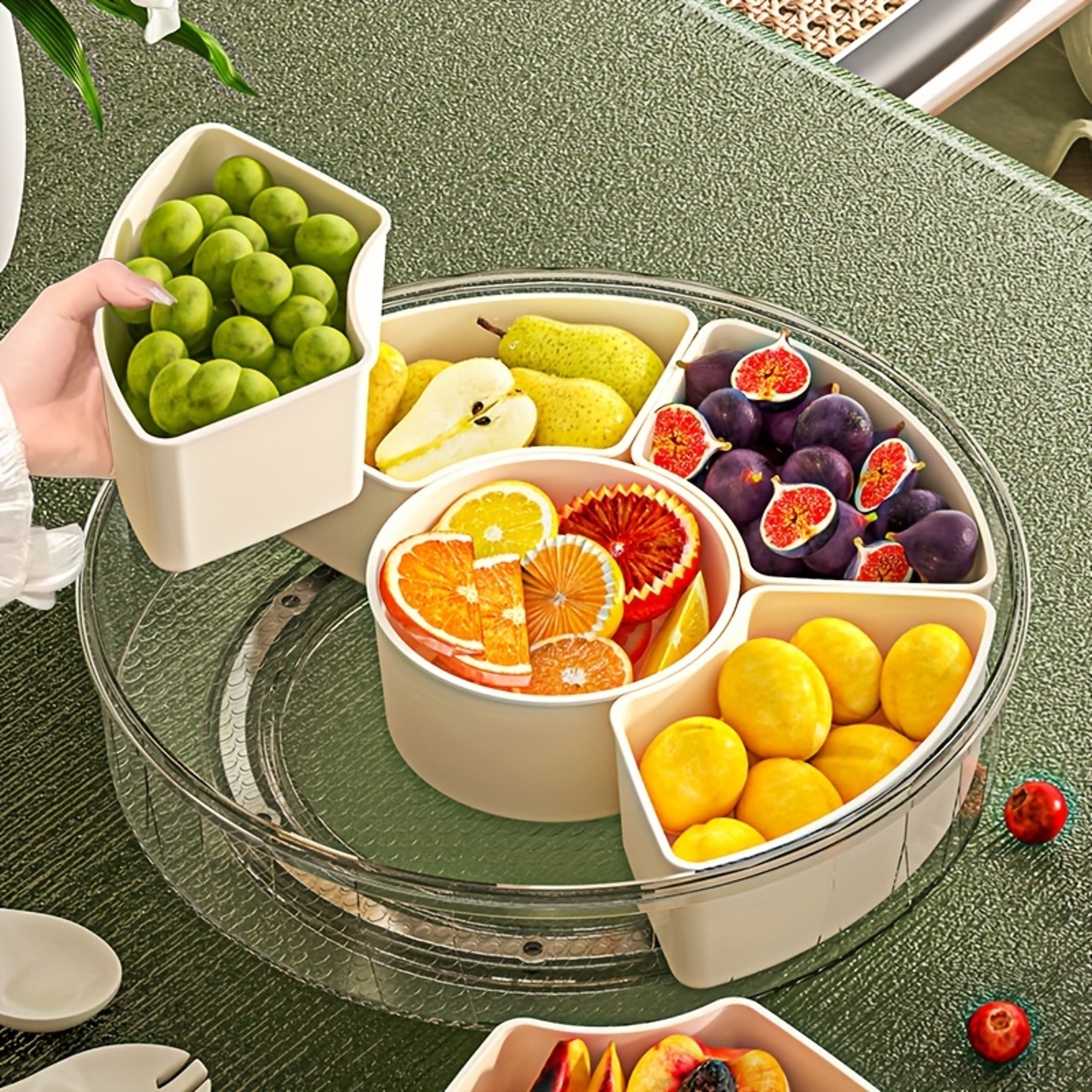 Divided Rotating Serving Tray With Lid And Handle Portable Snackle Box For Fruits Snacks Veggie Cha 3
