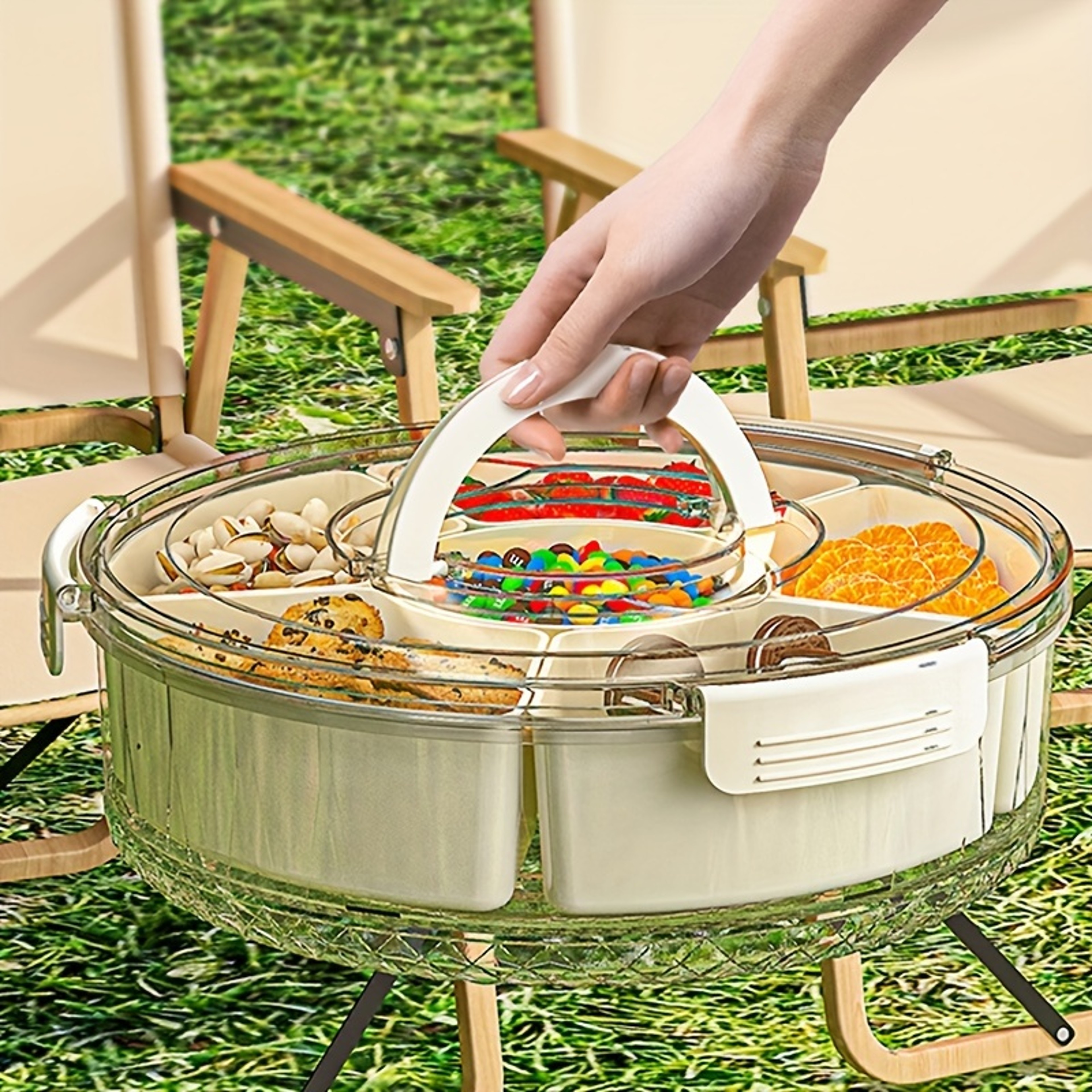 Divided Rotating Serving Tray With Lid And Handle Portable Snackle Box For Fruits Snacks Veggie Cha 5