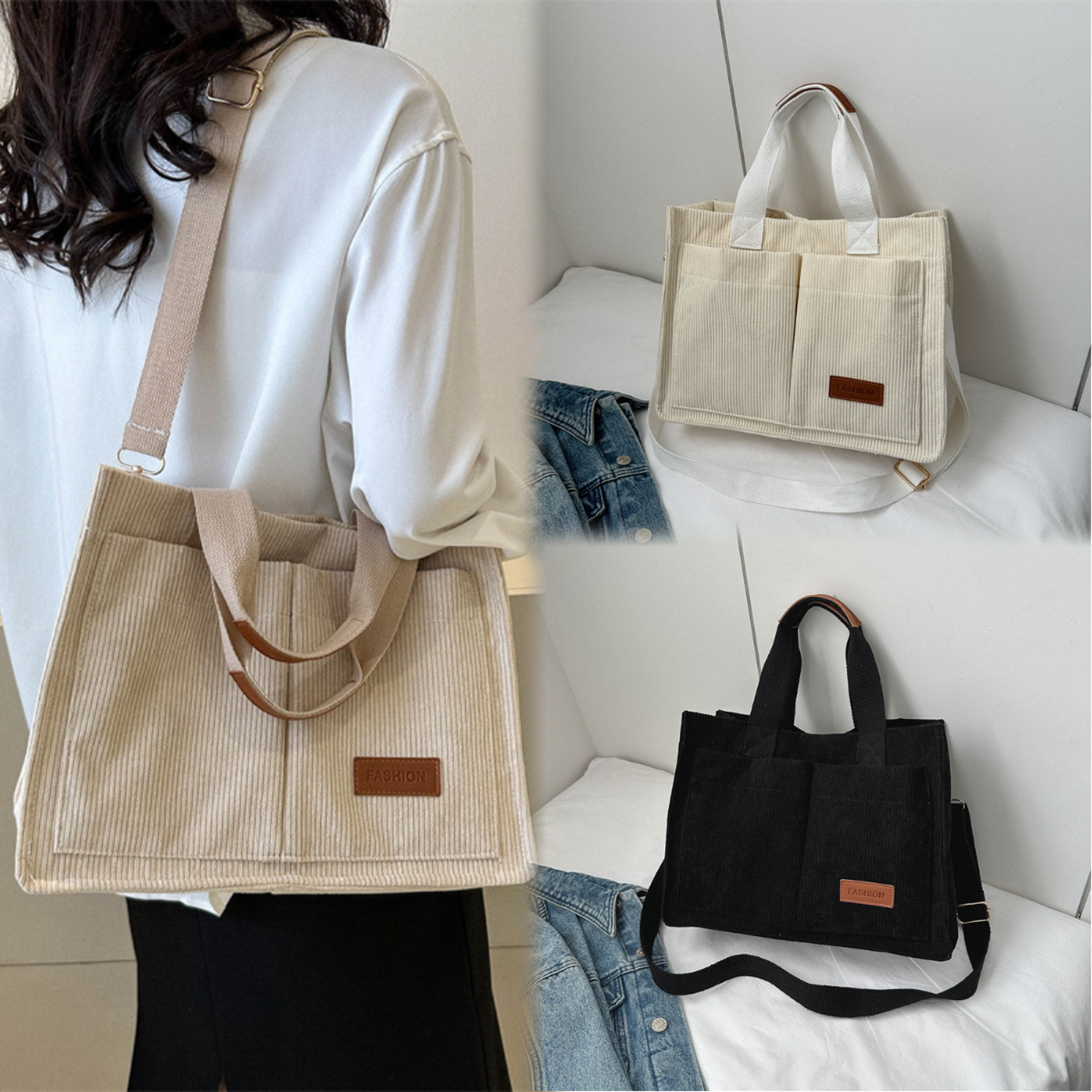 Stylish Canvas Shoulder Bag Spacious Crossbody Handbag For Women In White 0