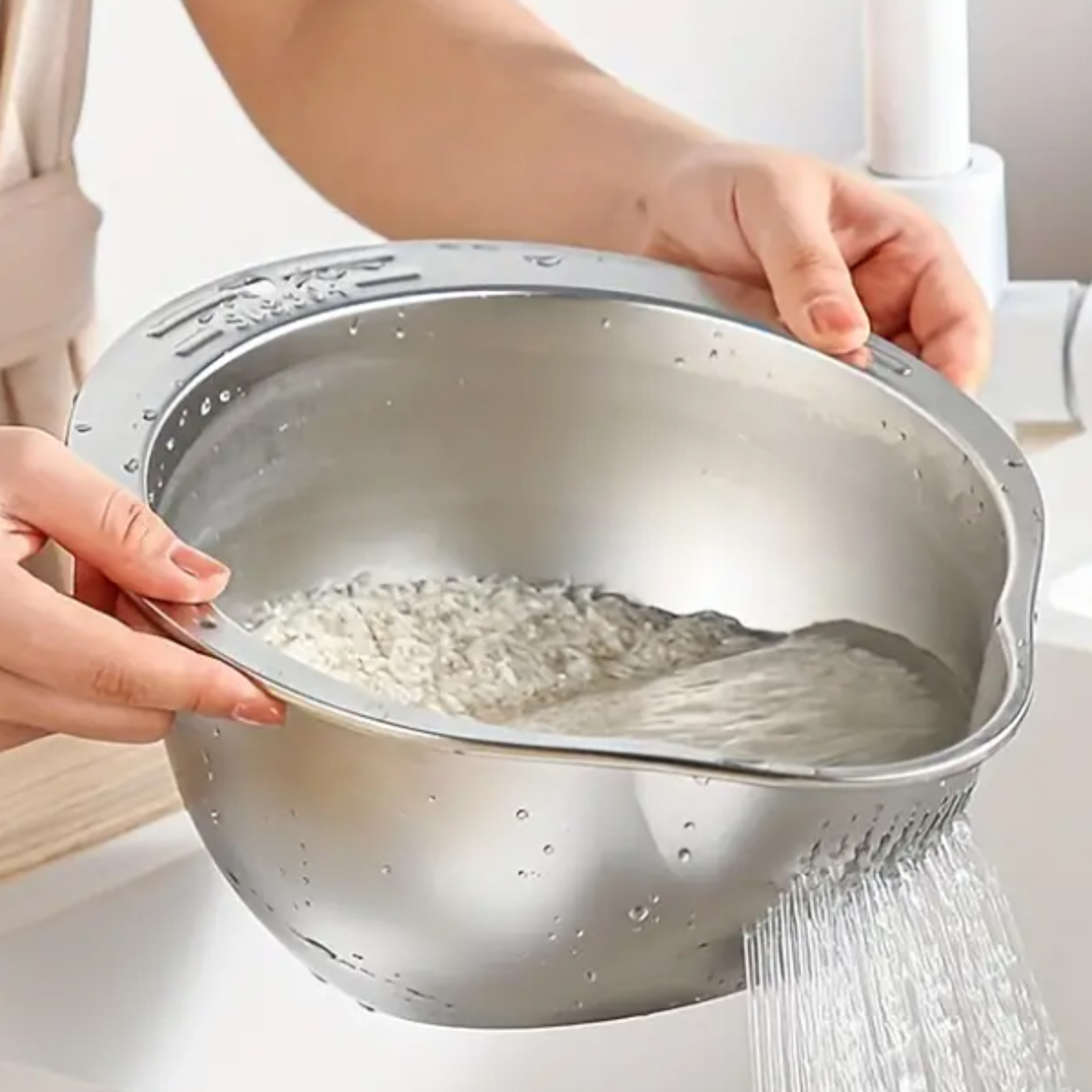 Stainless Steel Rice Washer Strainer Bowl MultiFunctional Kitchen Tool for Rice Fruit and Vegetab