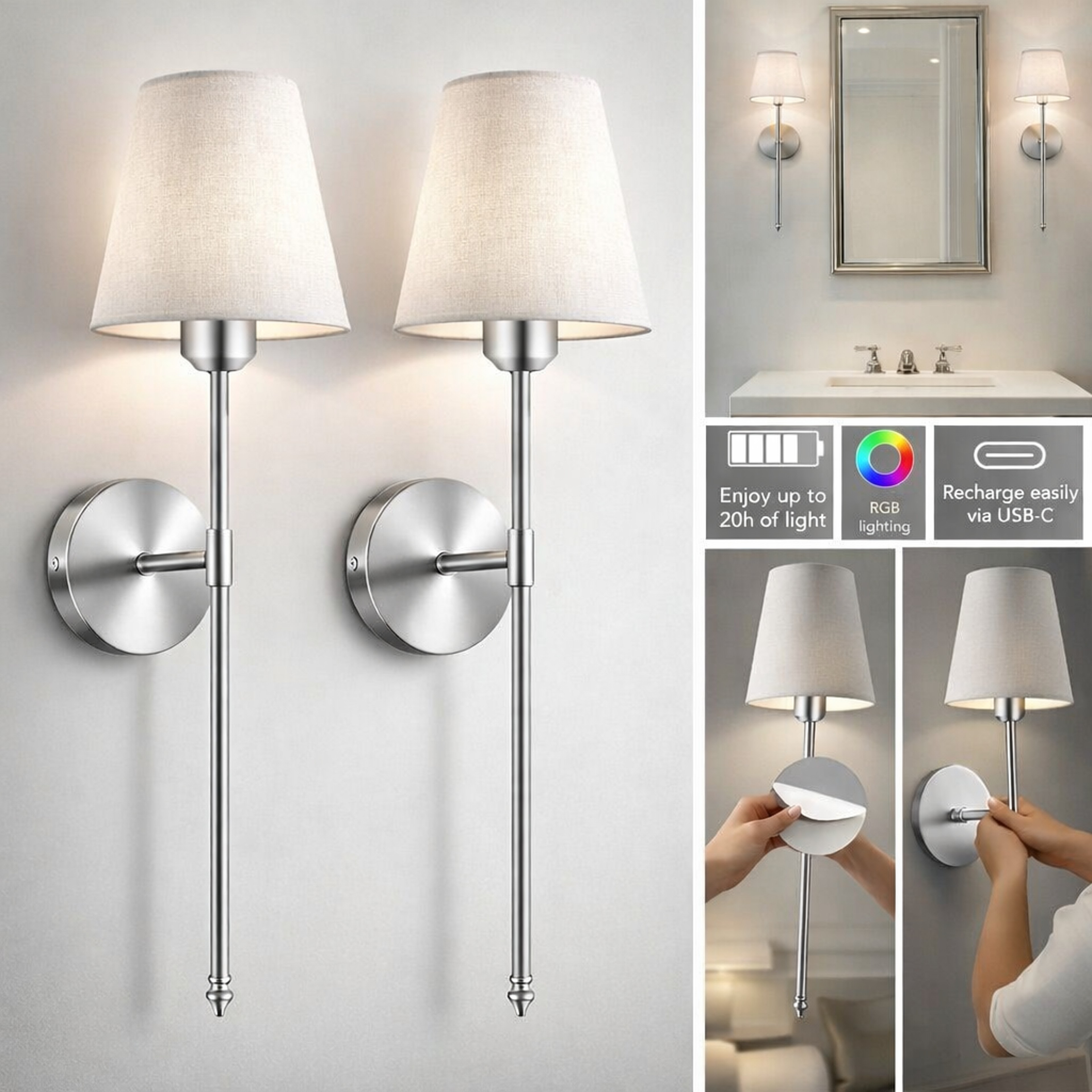 Rechargeable Wireless Wall Sconce Set with Remote Control Battery Powered LED Wall Lights – view 7