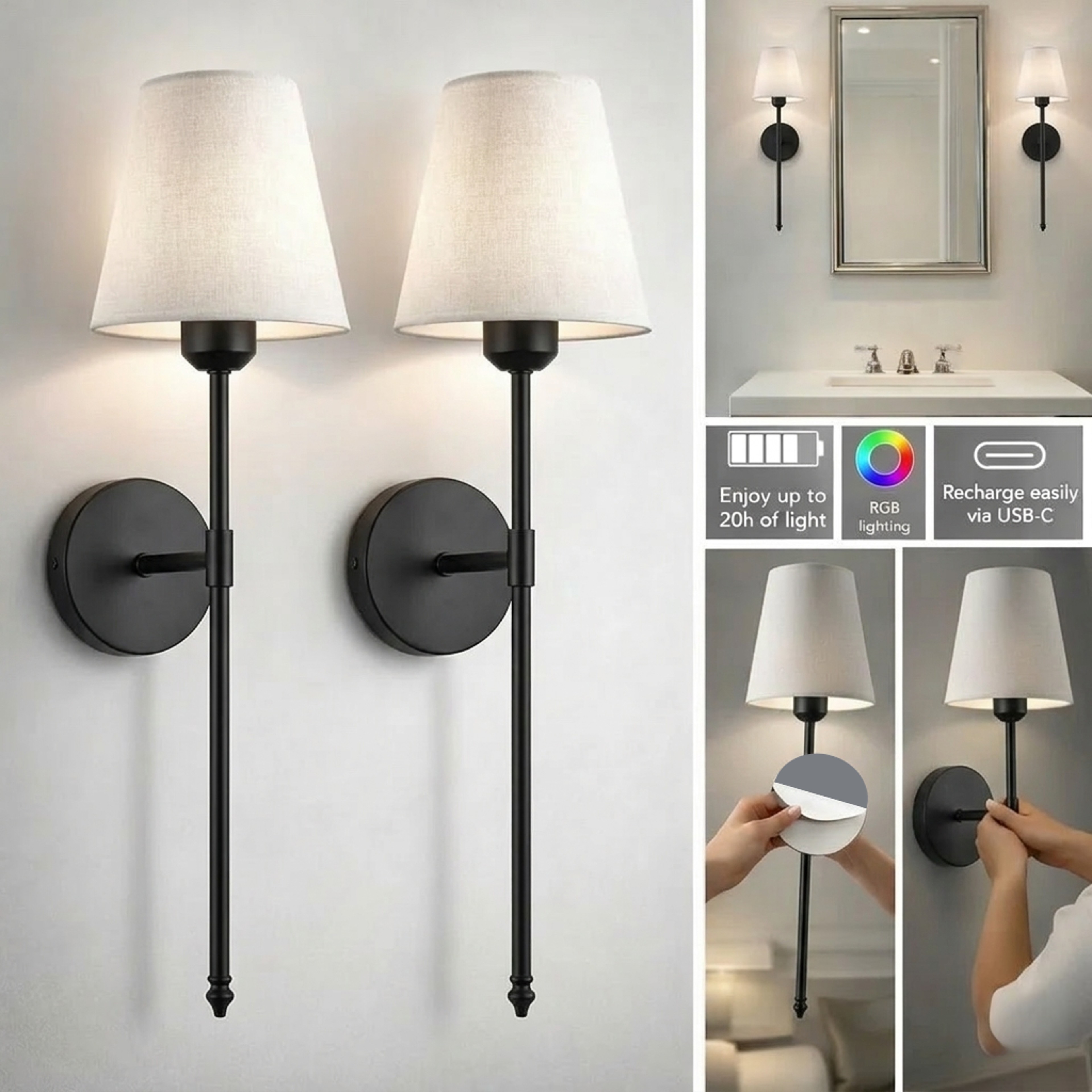 Rechargeable Wireless Wall Sconce Set with Remote Control Battery Powered LED Wall Lights – view 9