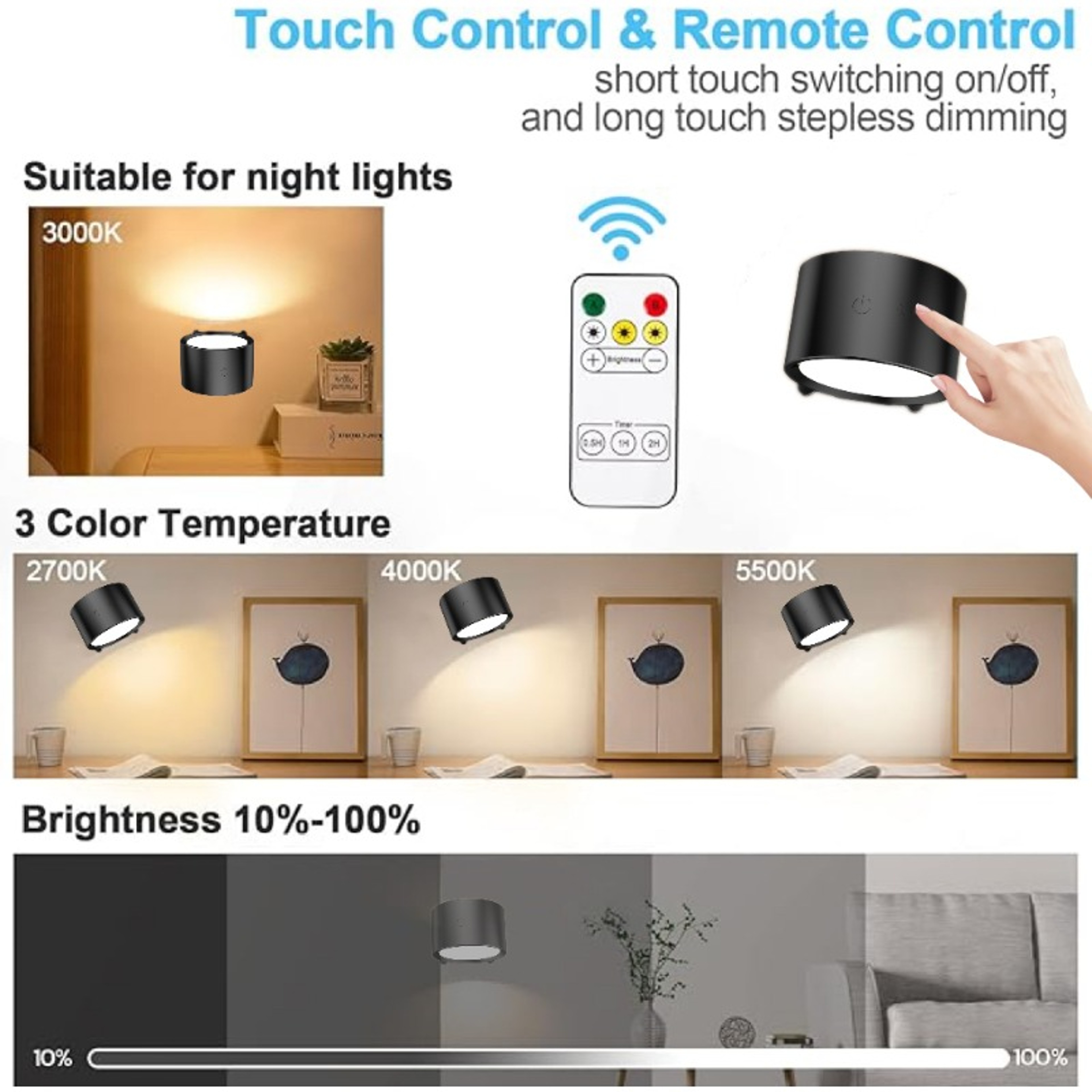 Wireless Wall Light USB Rechargeable Touch Control LED Reading Night Lamp – view 3