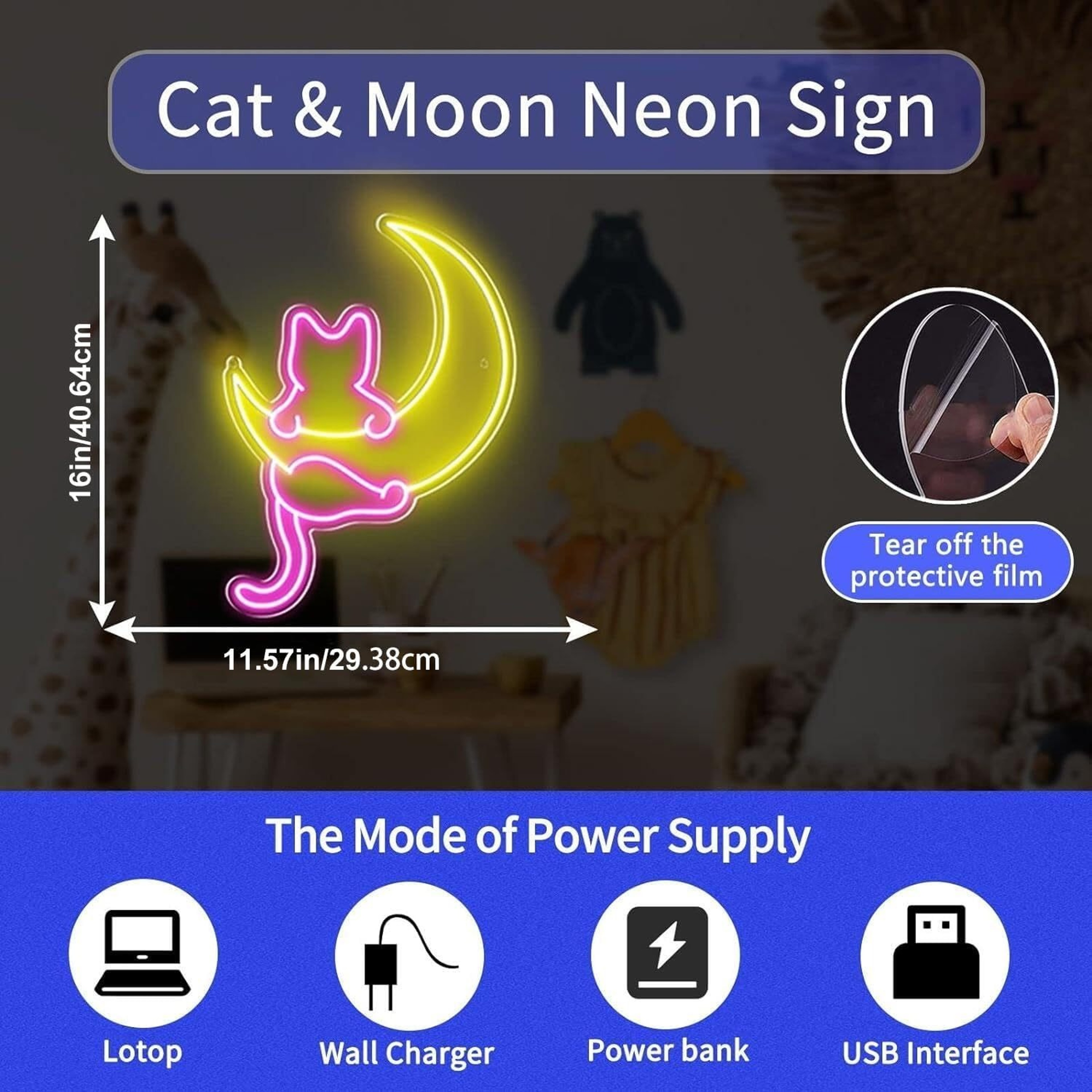 Animated Cat Neon Sign USB Powered Dimmable Moon Neon Light for Bedroom Room Decor – view 3
