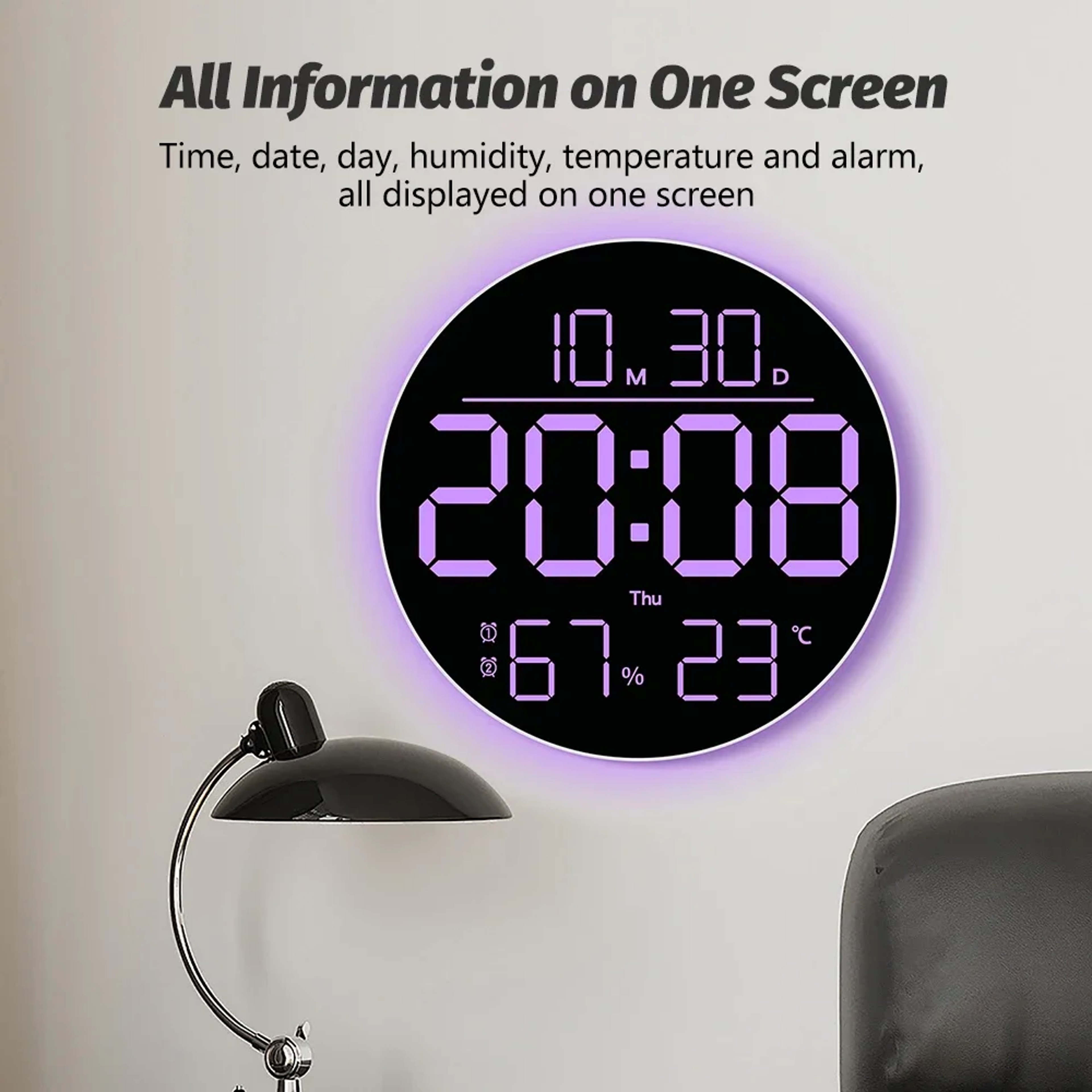 RGB LED Wall Clock with Remote Control Digital Wall Clock Display Temperature Date Alarm Timer – view 2