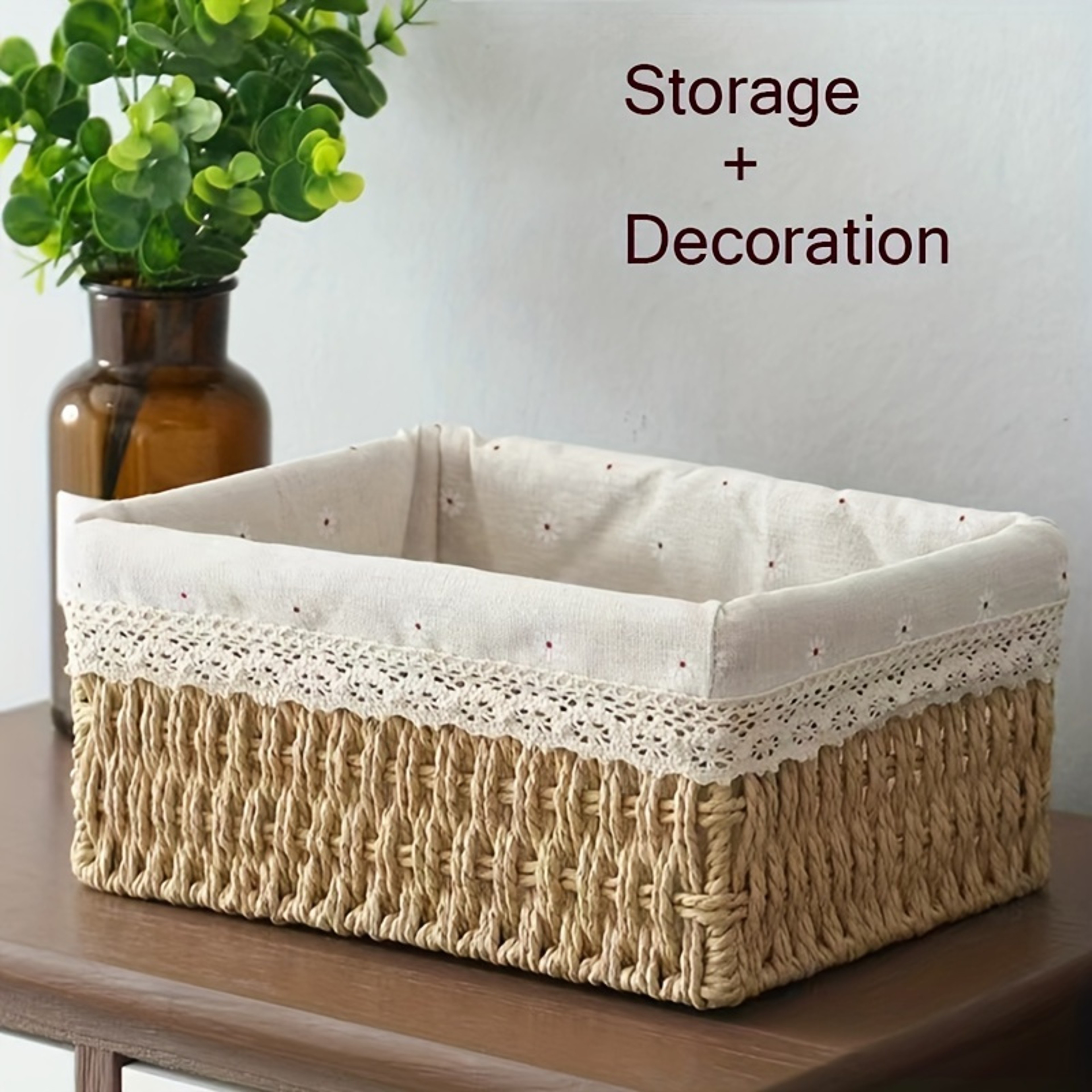 Handmade Rattan Storage Basket With Lace Lining Desktop Organizer For Cosmetics And Home Decor – view 2