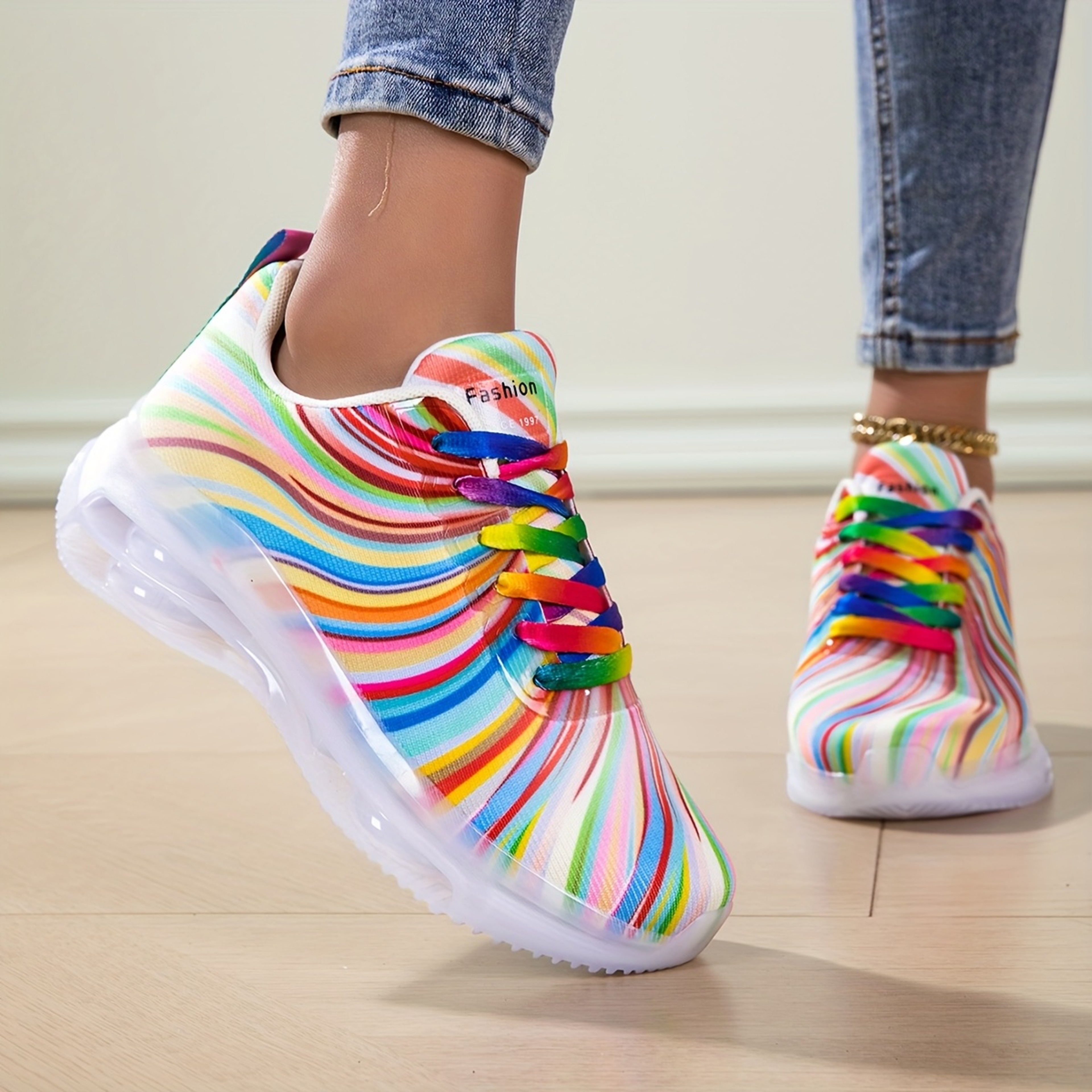 Rainbow Stripe Womens Mesh Sneakers Lightweight Lace Up Casual Walking Shoes – view 2