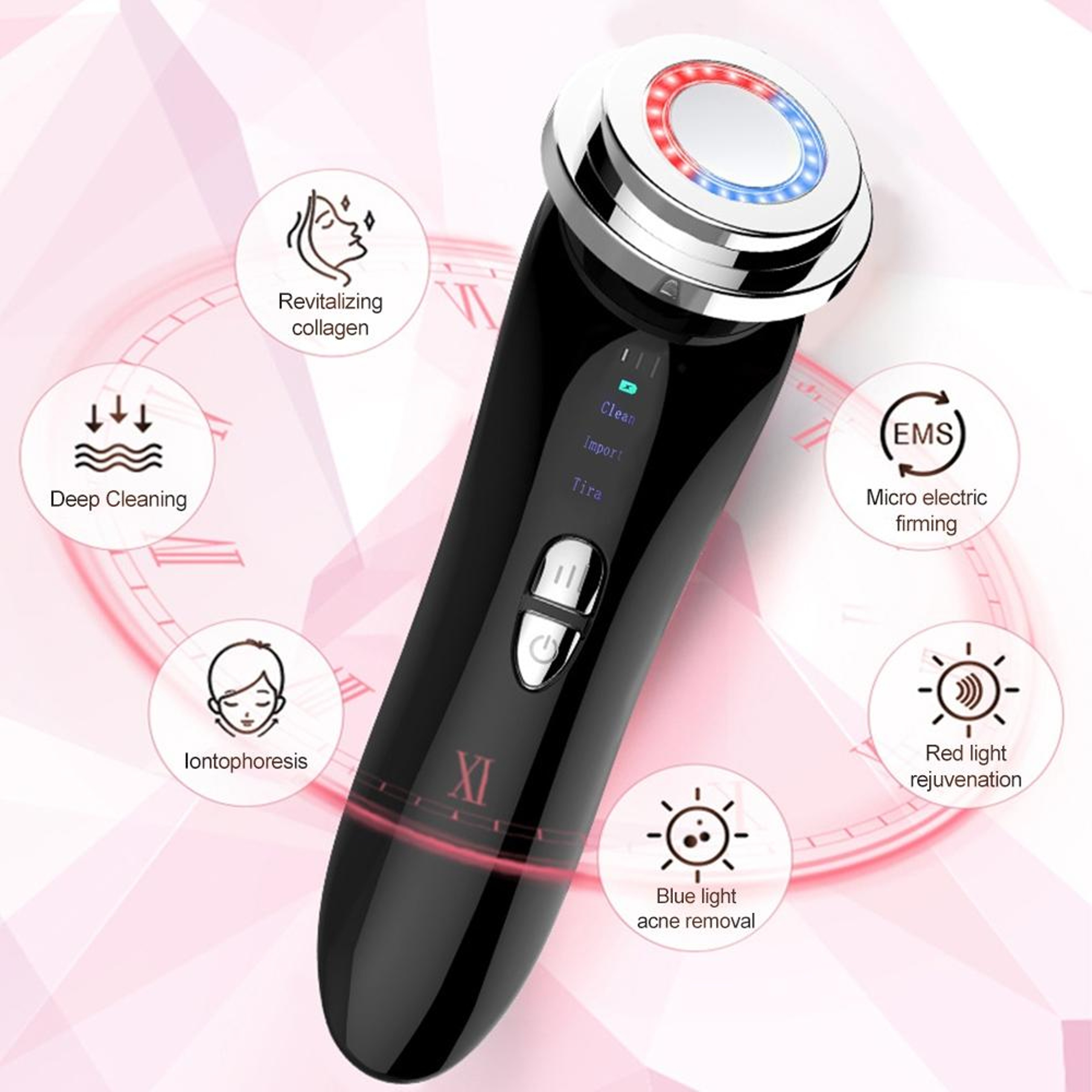 Ultrasonic LED Facial Massager With Ion Therapy And Red Blue Light Skincare Device 6