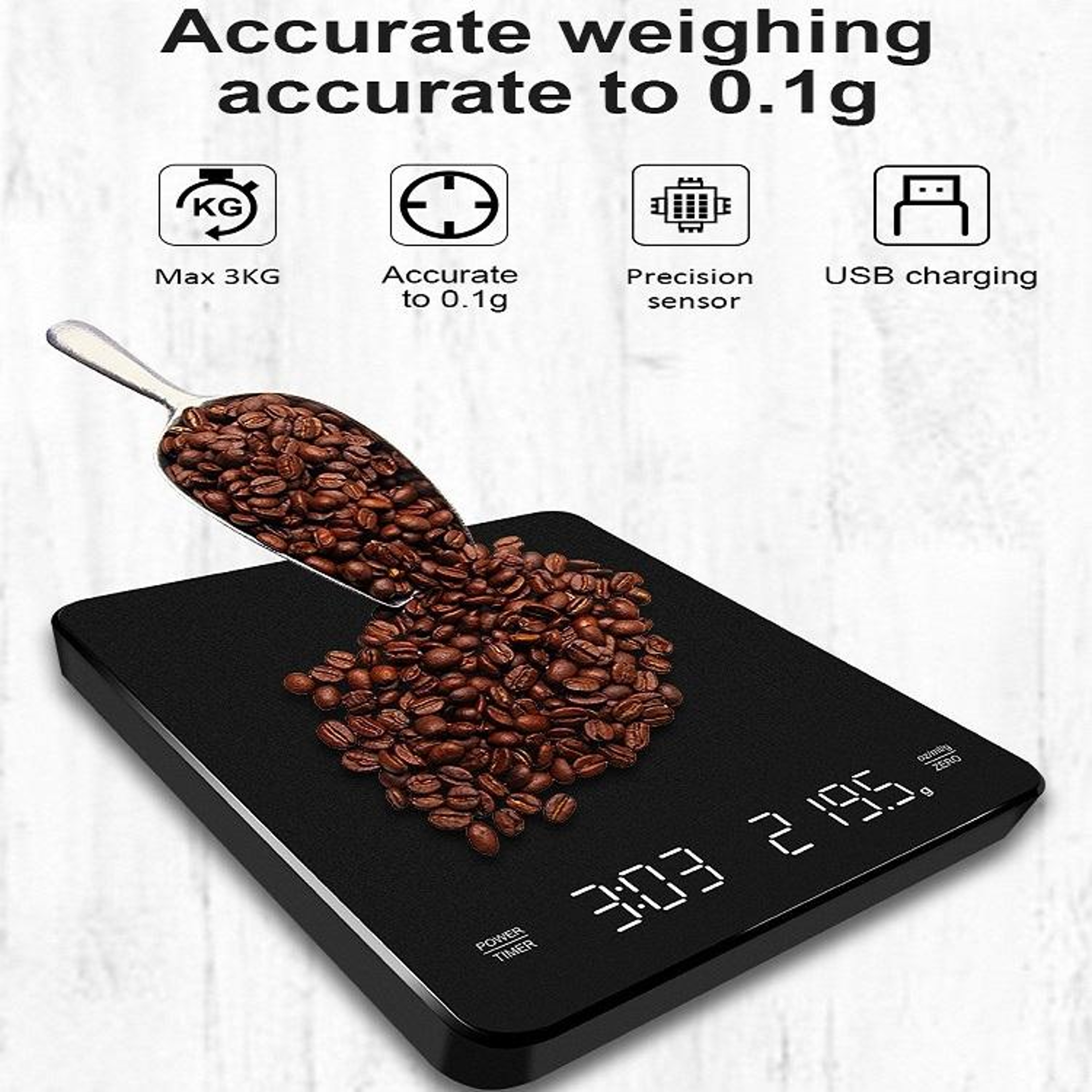 Premium USB C Rechargeable High Precision Coffee  Kitchen Scale With Timer 5