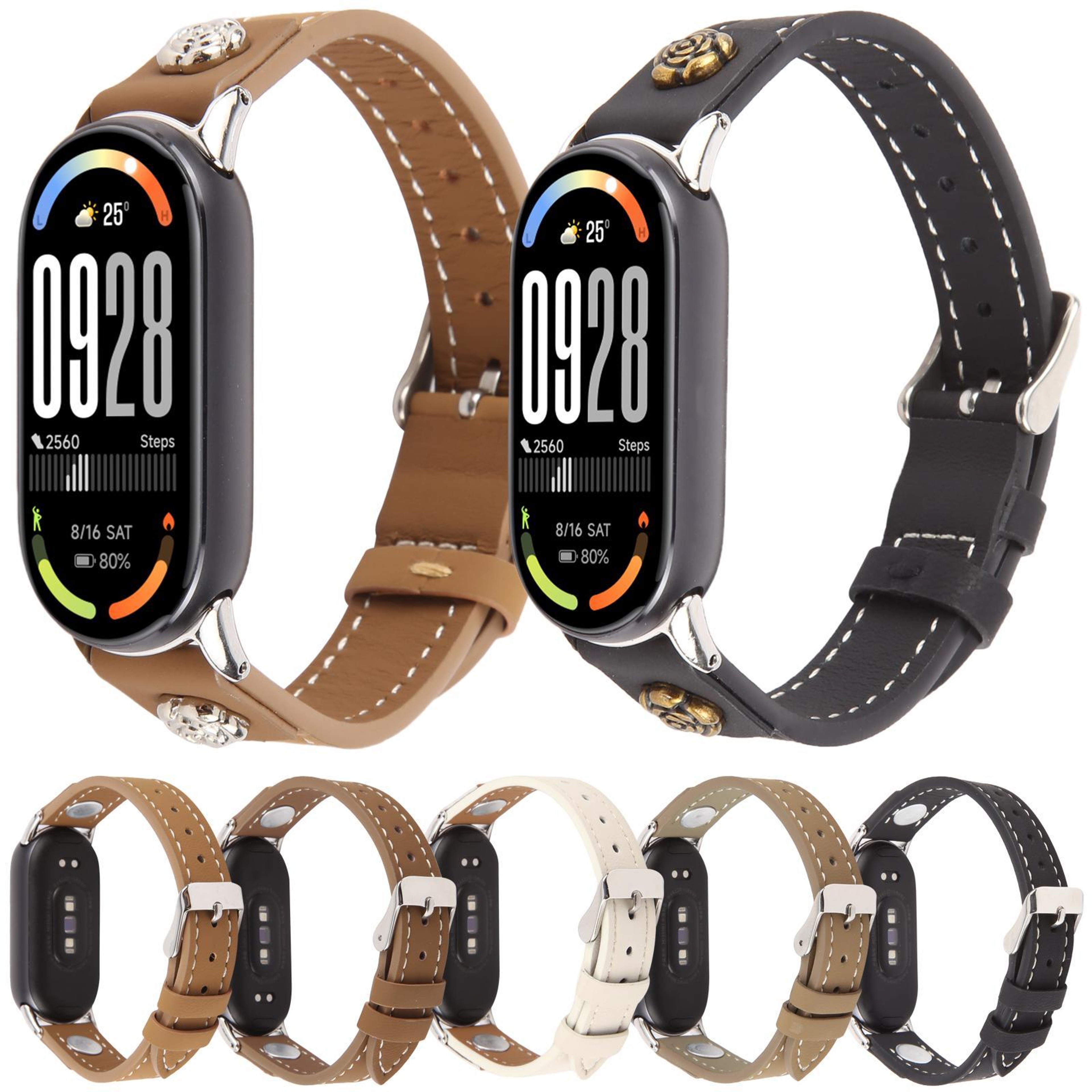 Xiaomi Smart Band 10 9 8 Leather Watch Band Rivet Camellia Microfiber Replacement Strap 9