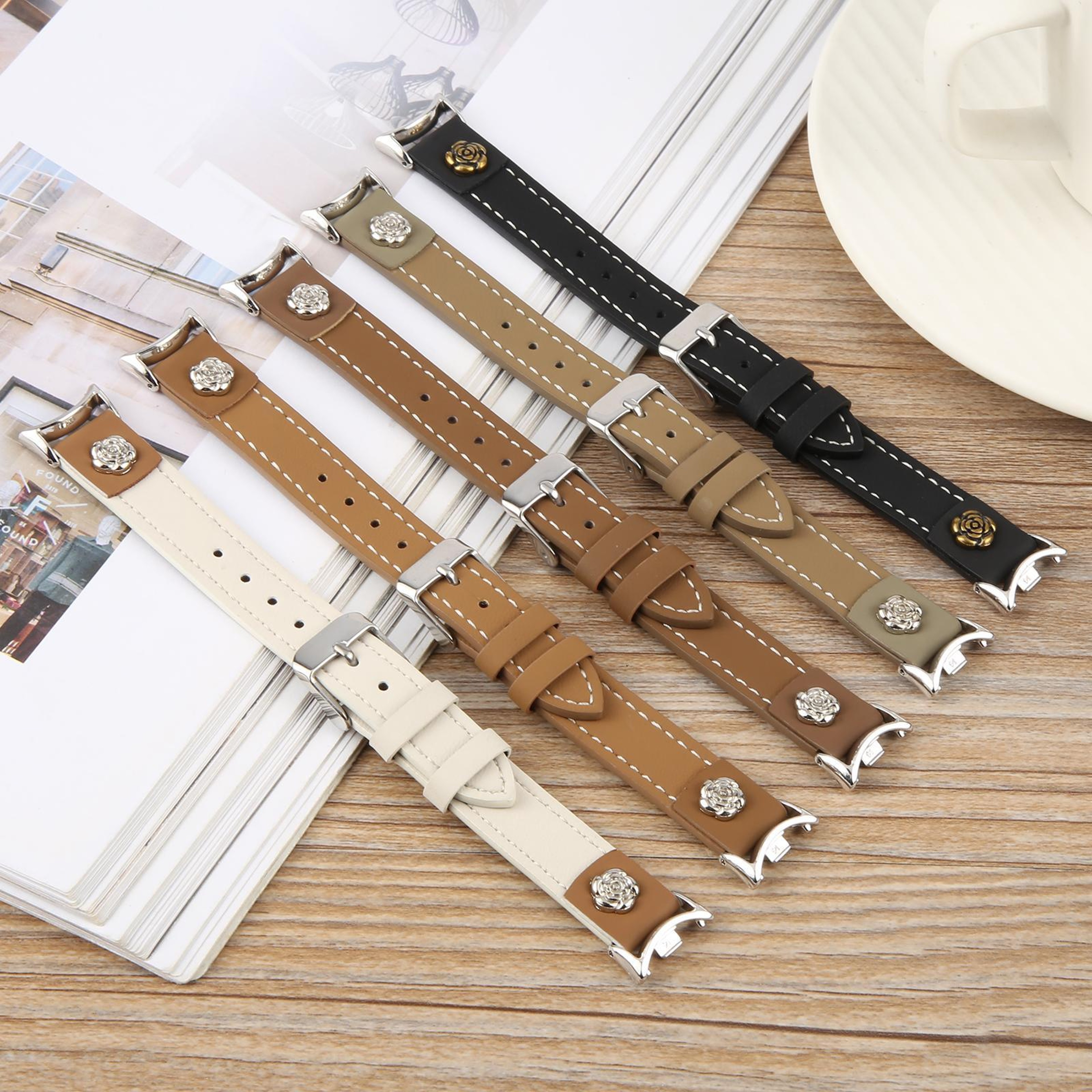 Xiaomi Smart Band 10 9 8 Leather Watch Band Rivet Camellia Microfiber Replacement Strap 10