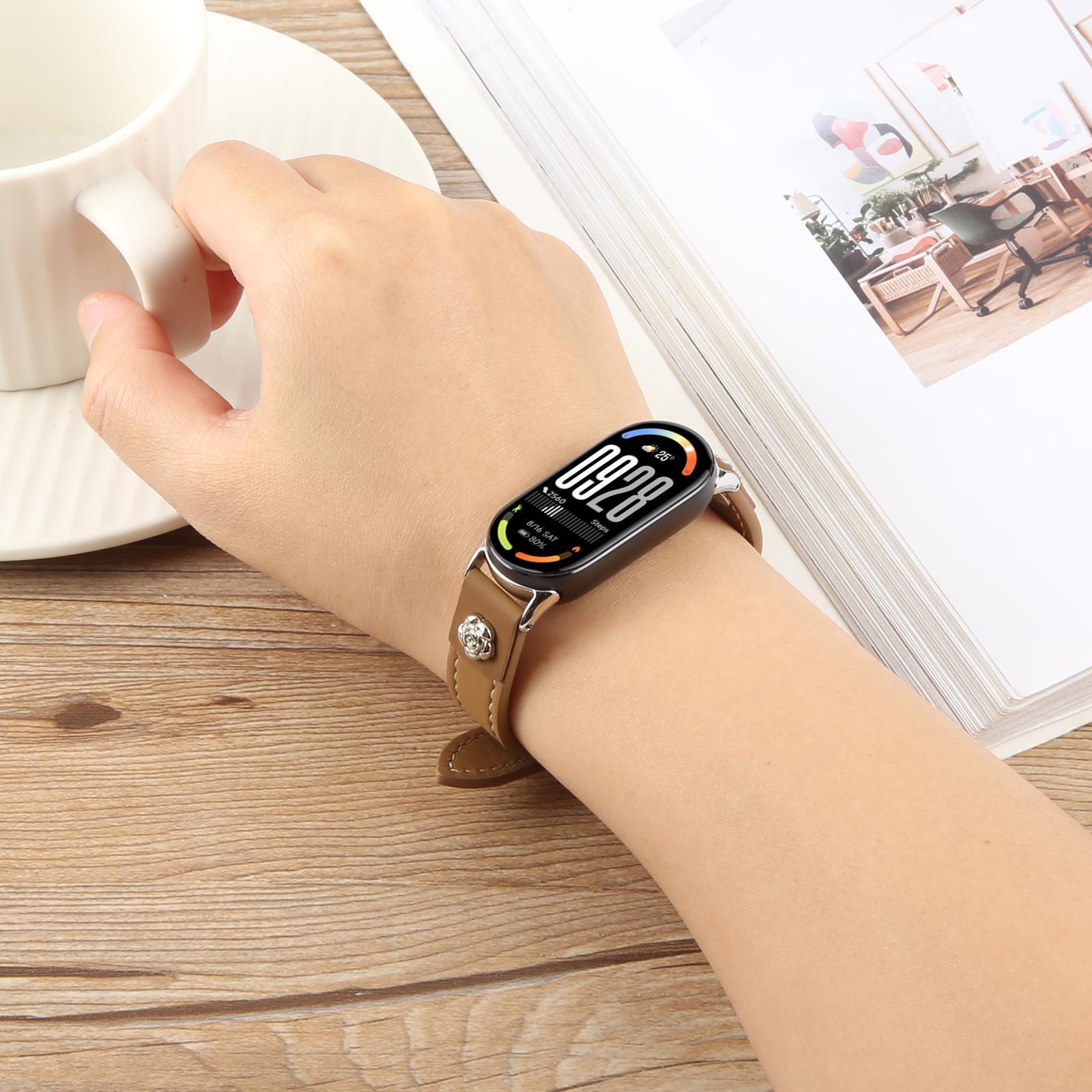 Xiaomi Smart Band 10 9 8 Leather Watch Band Rivet Camellia Microfiber Replacement Strap 1