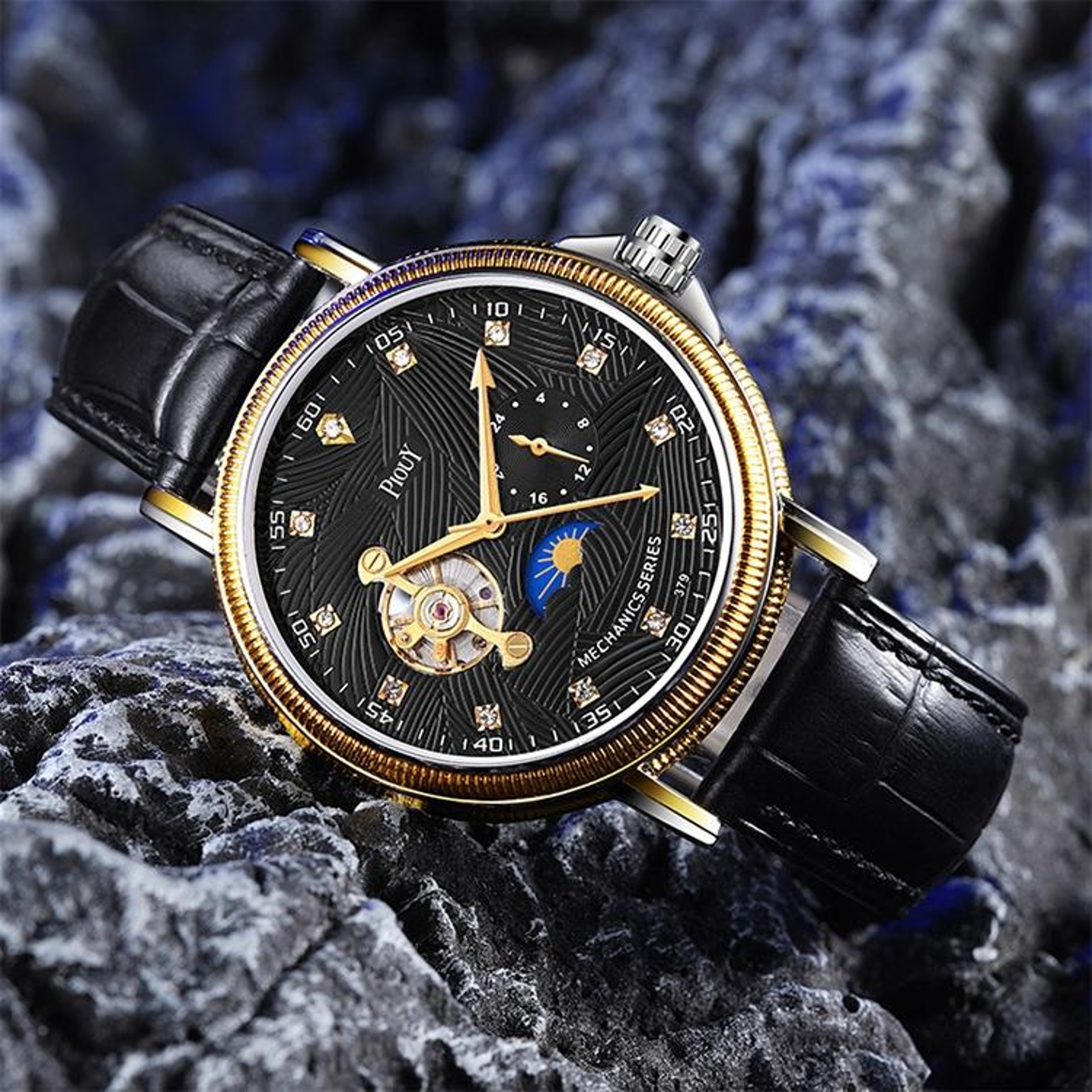 YAZOLE 379 Mechanical Watch With Leather Band Large Dial Tourbillon Style Mens Wristwatch 1