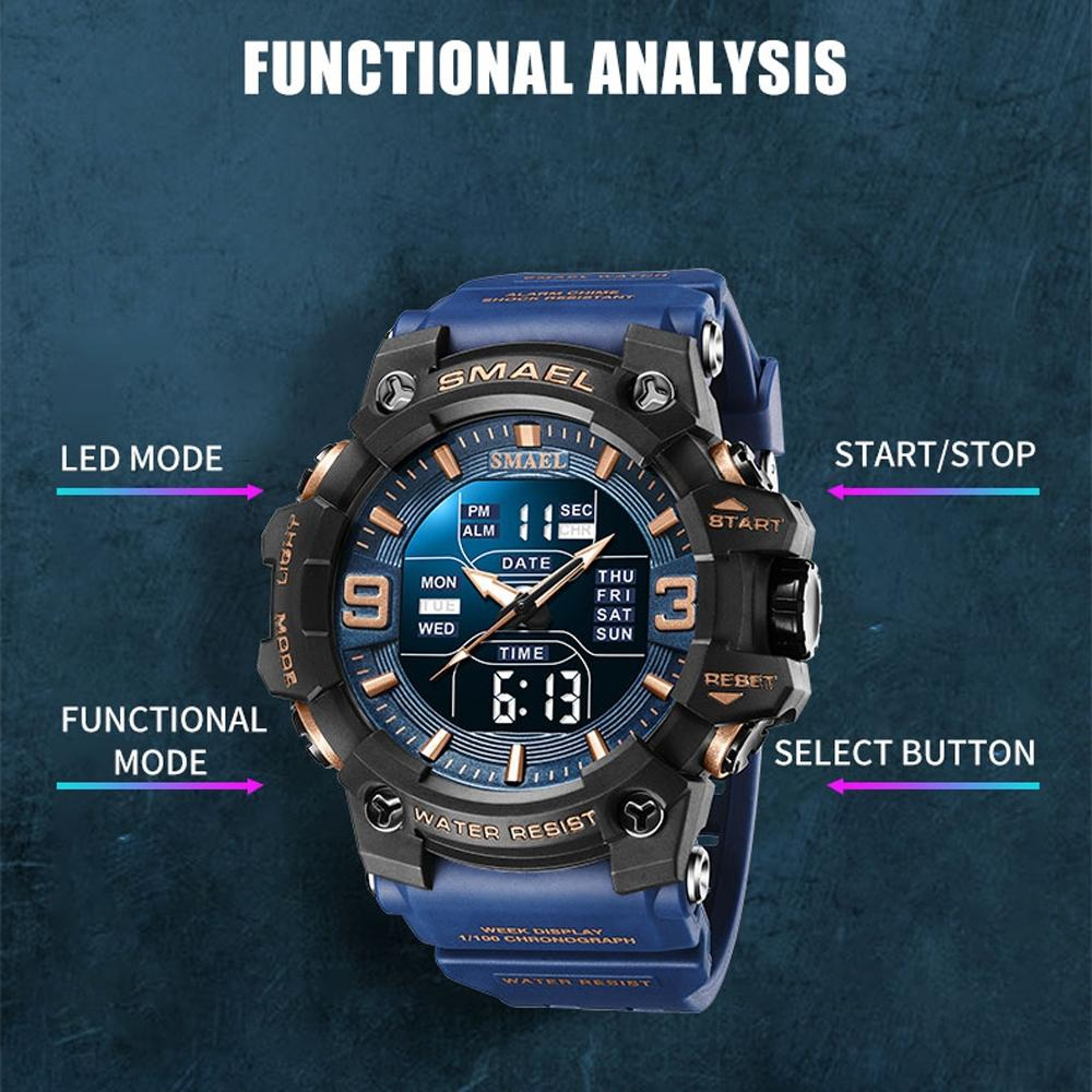 SMAEL 8049 Waterproof Sports Watch Mens Digital Analog Watch With LED Night Light And Stopwatch 2