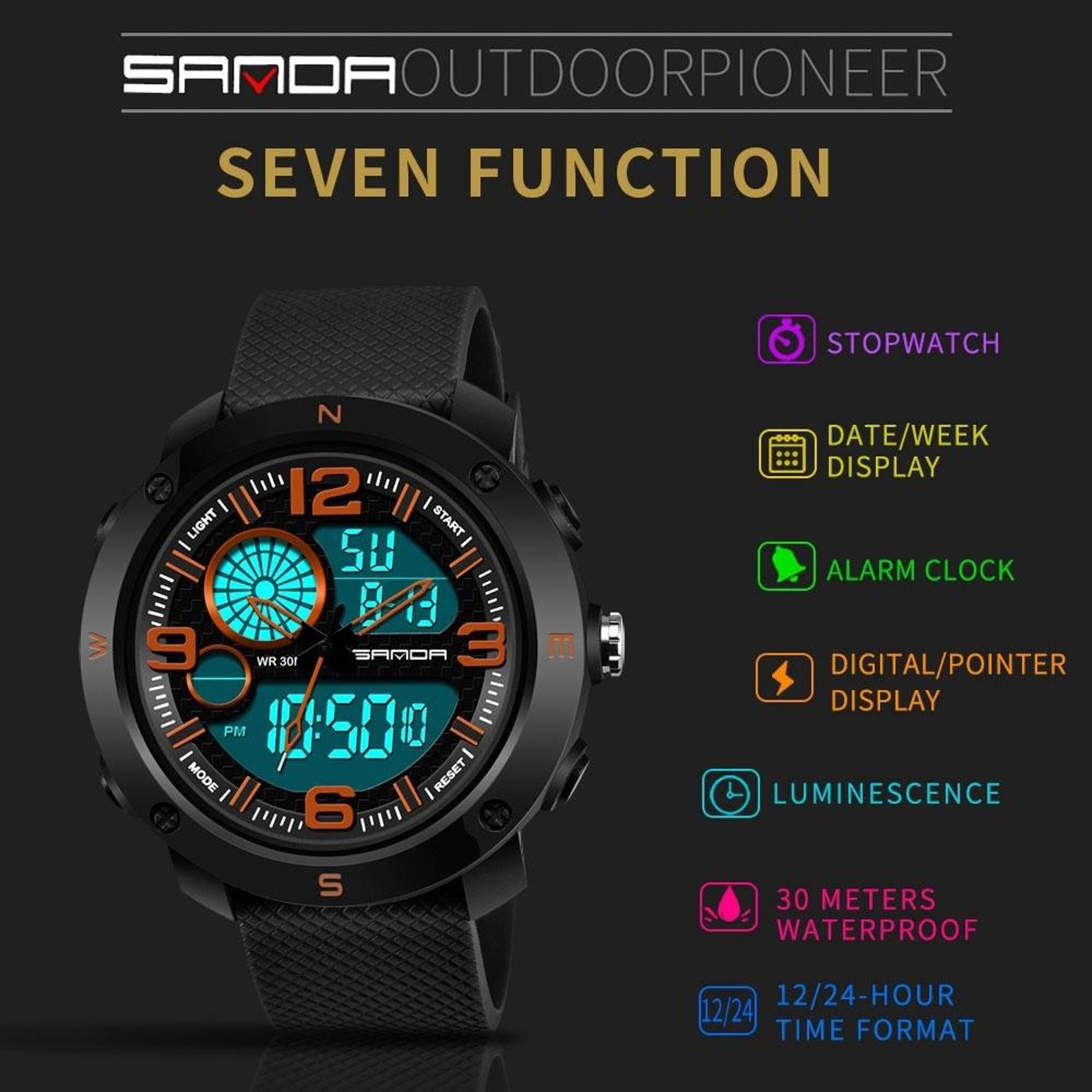 SANDA 762 Digital Sports Watch For Men Waterproof LED Night Light Multifunction Wrist Watch 9