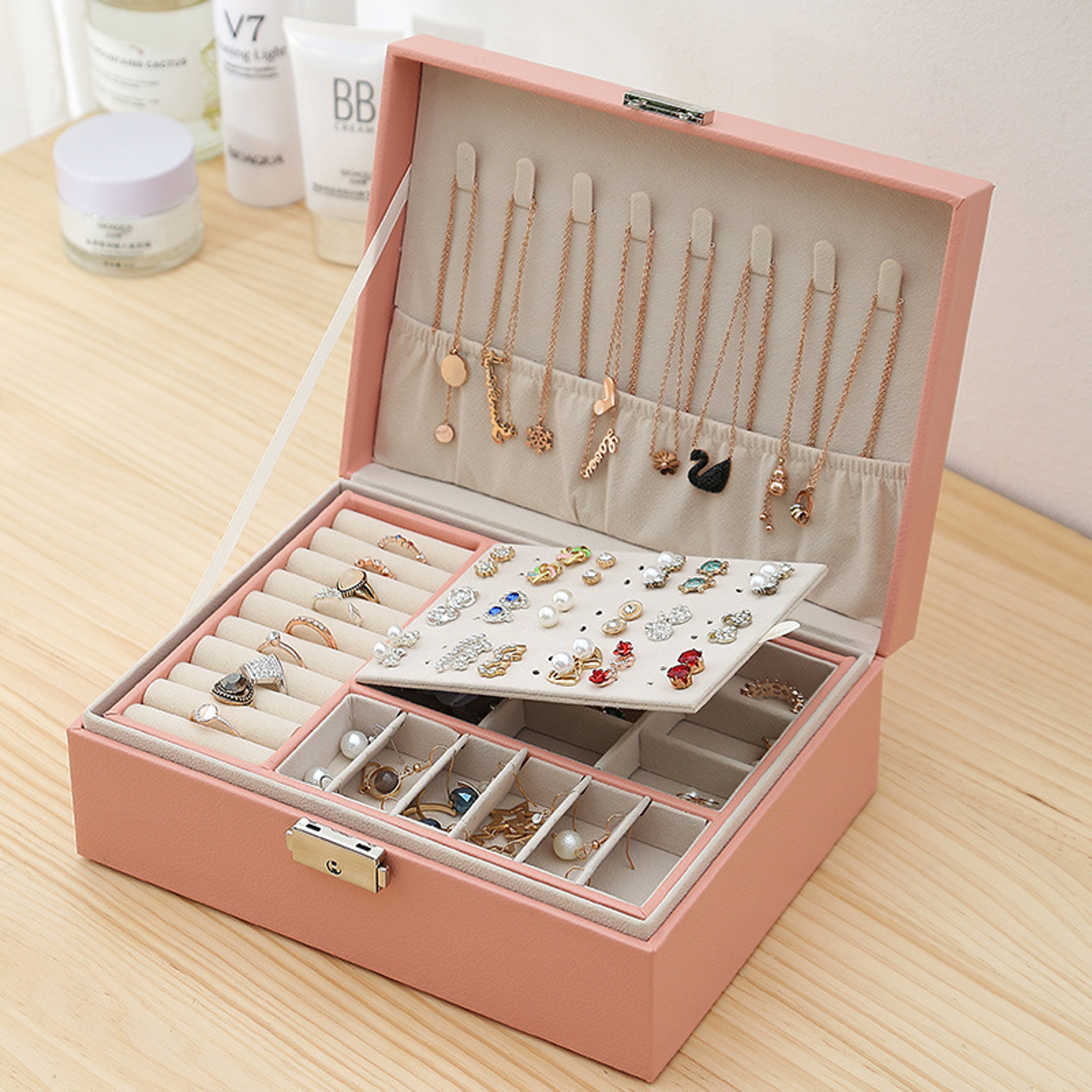 Jewelry Storage Organizer Doublelayer Wooden Jewelry Box With PU Leather Ring Box Jewelry Packaging 1