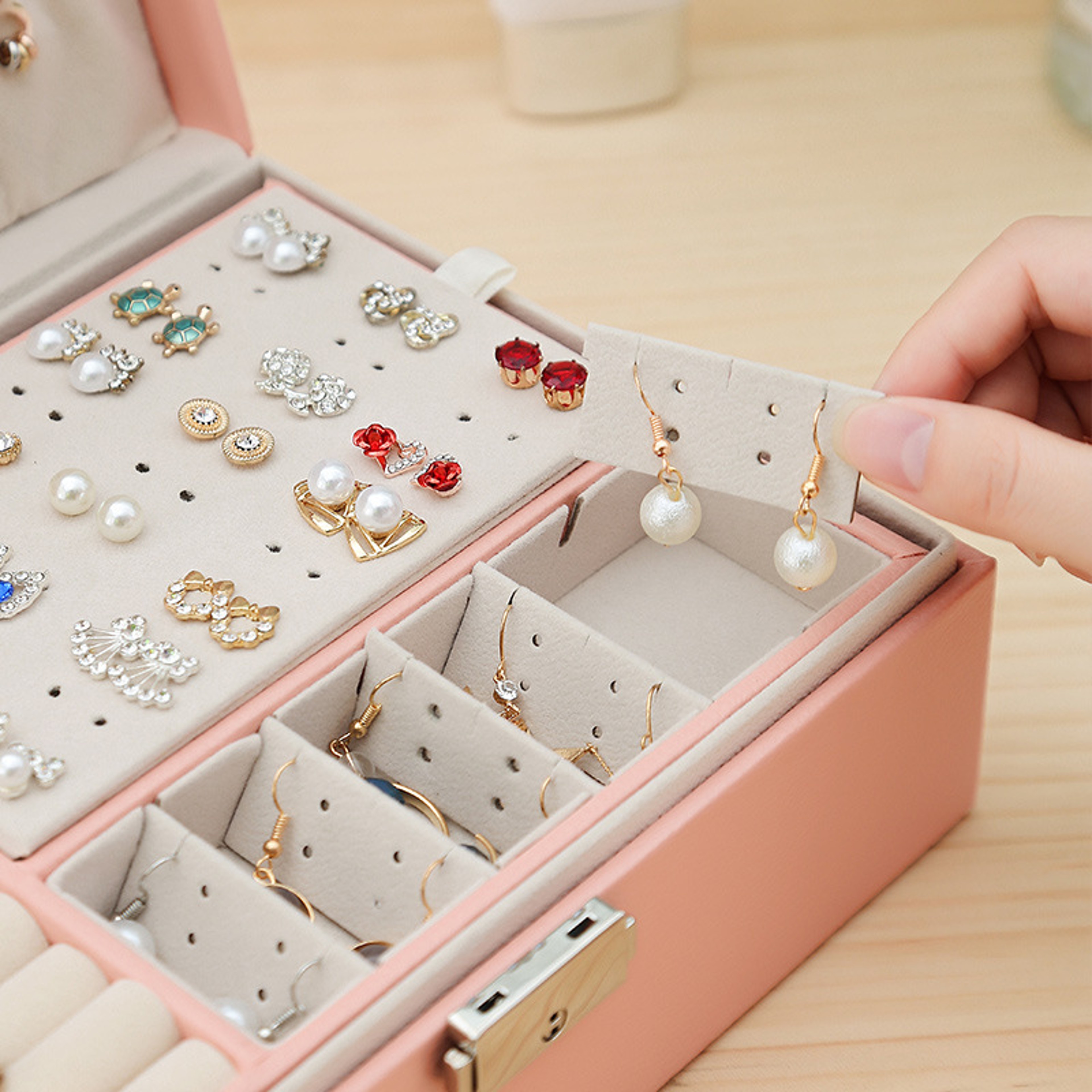 Jewelry Storage Organizer Doublelayer Wooden Jewelry Box With PU Leather Ring Box Jewelry Packaging 4