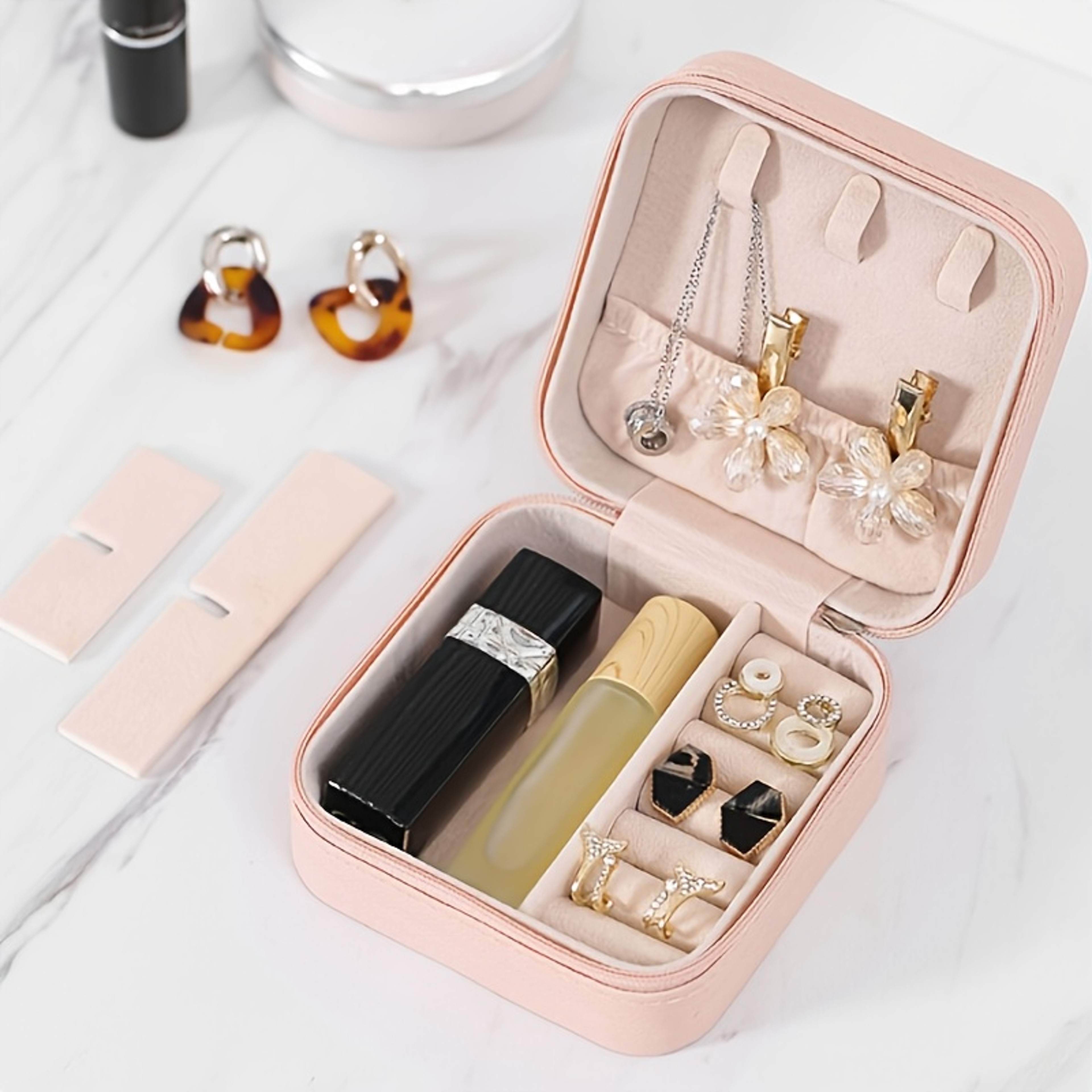 Travel Friendly Storage Box Pink Synthetic Leather Jewelry Box For Earrings Necklaces Rings 2